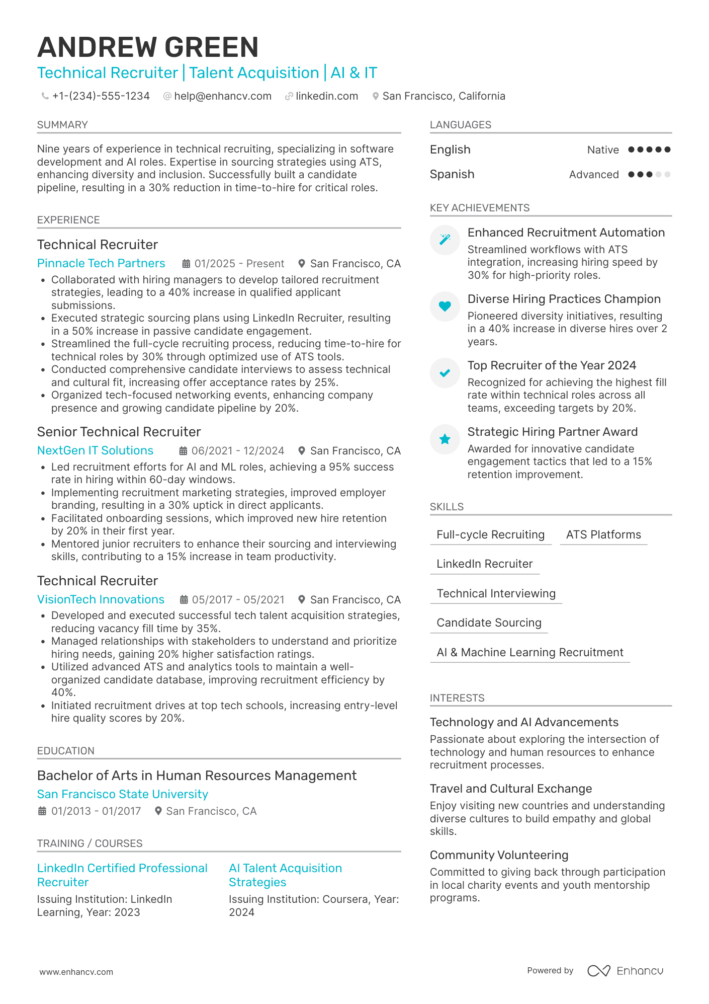 A resume example of a Technical Recruiter
