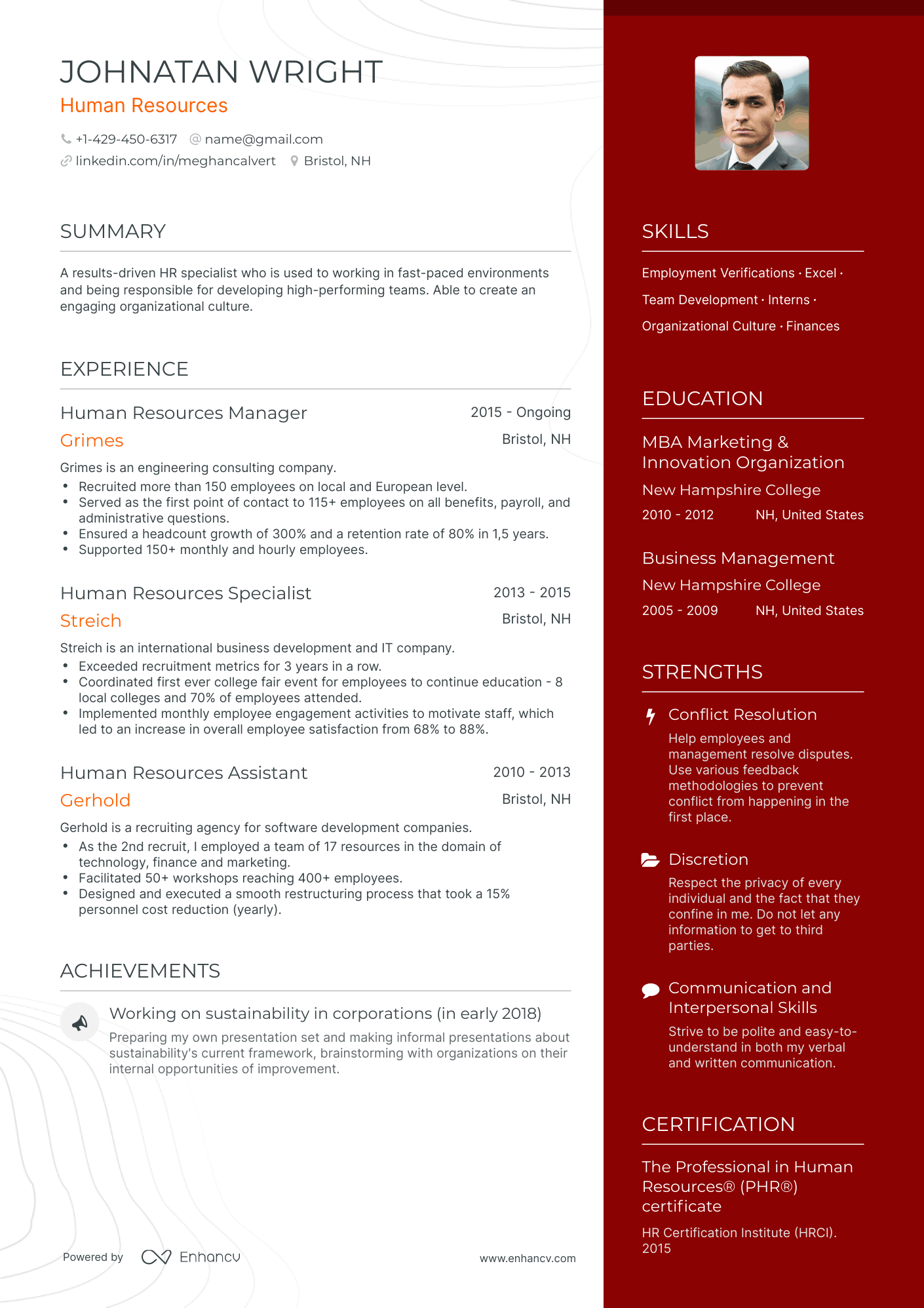 One Page Human Resources Resume Template