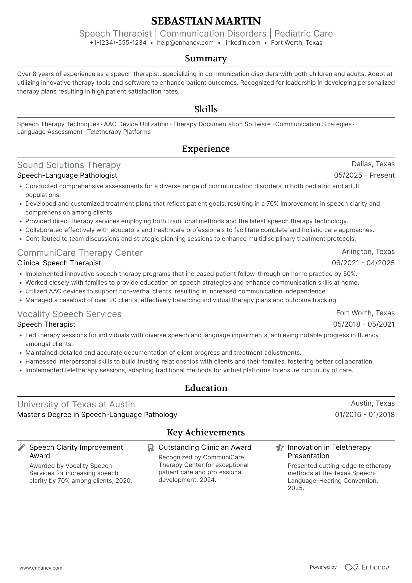 A resume example of a Speech Therapist