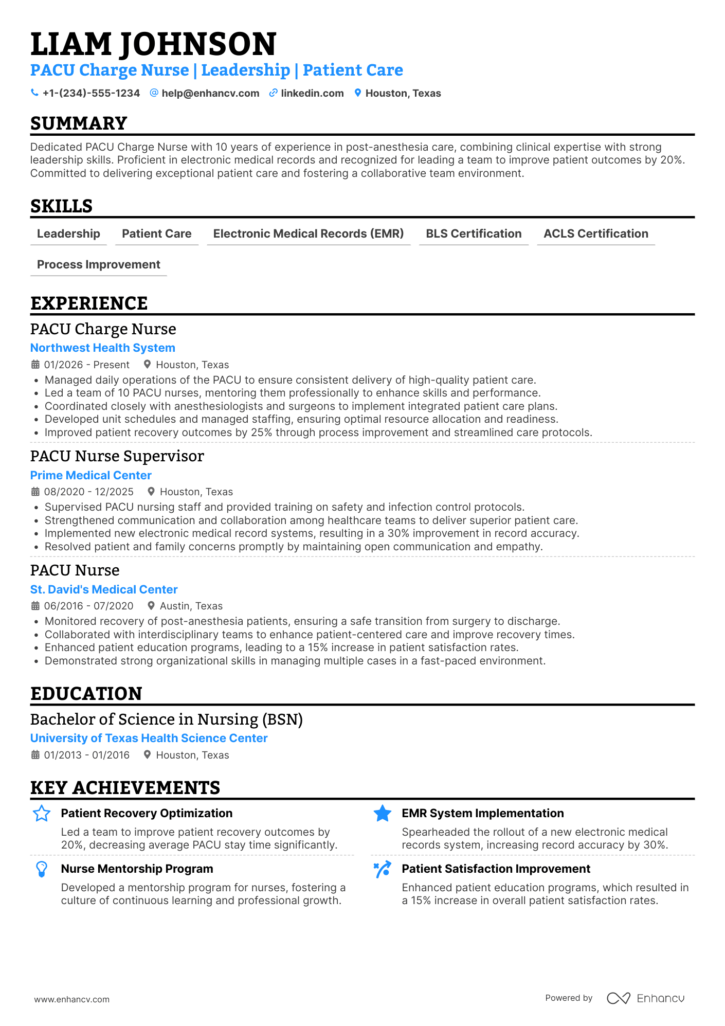 A resume example of a PACU Charge Nurse