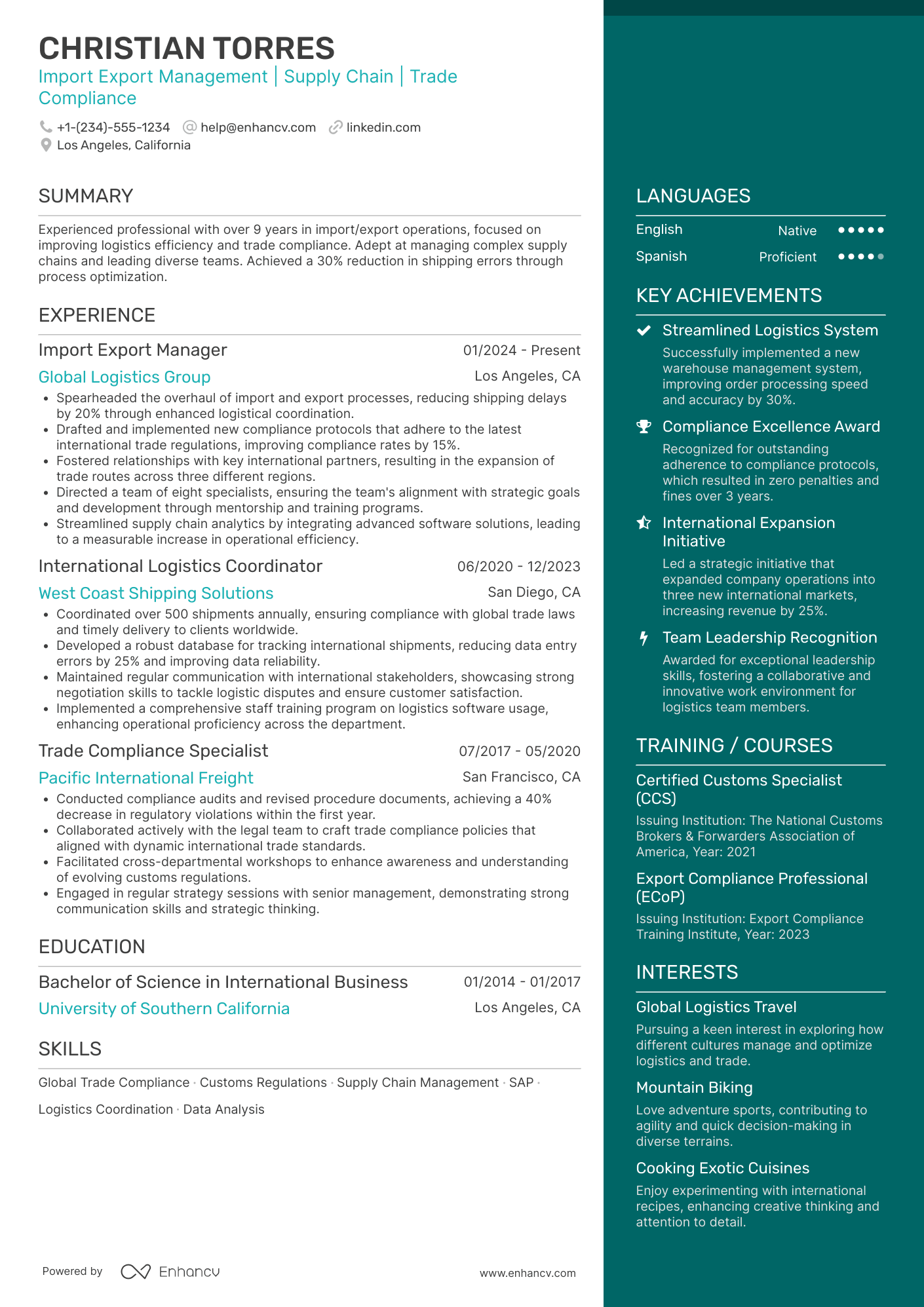 A resume example of a Import Export Manager