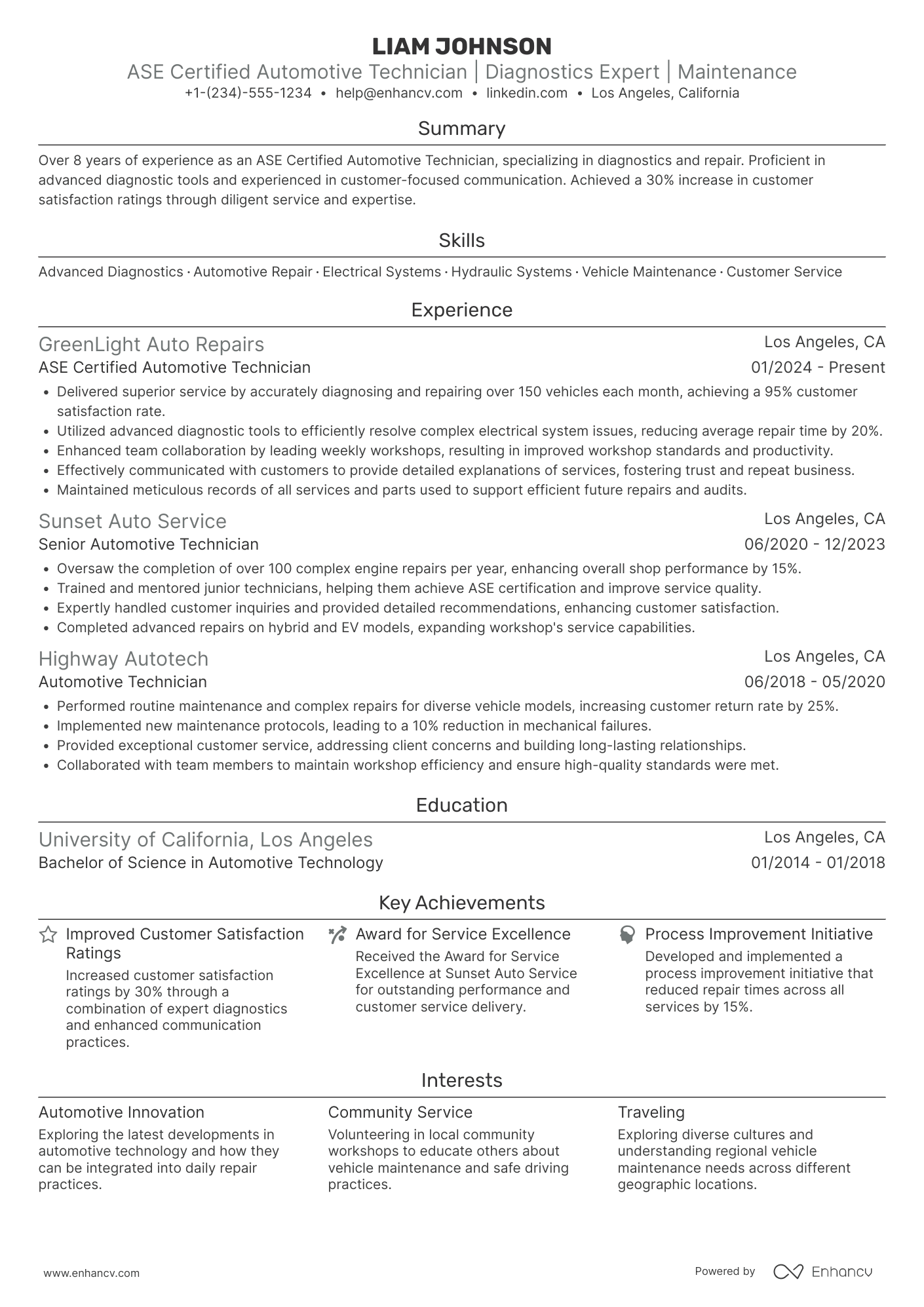 A resume example of a ASE Certified Automotive Technician