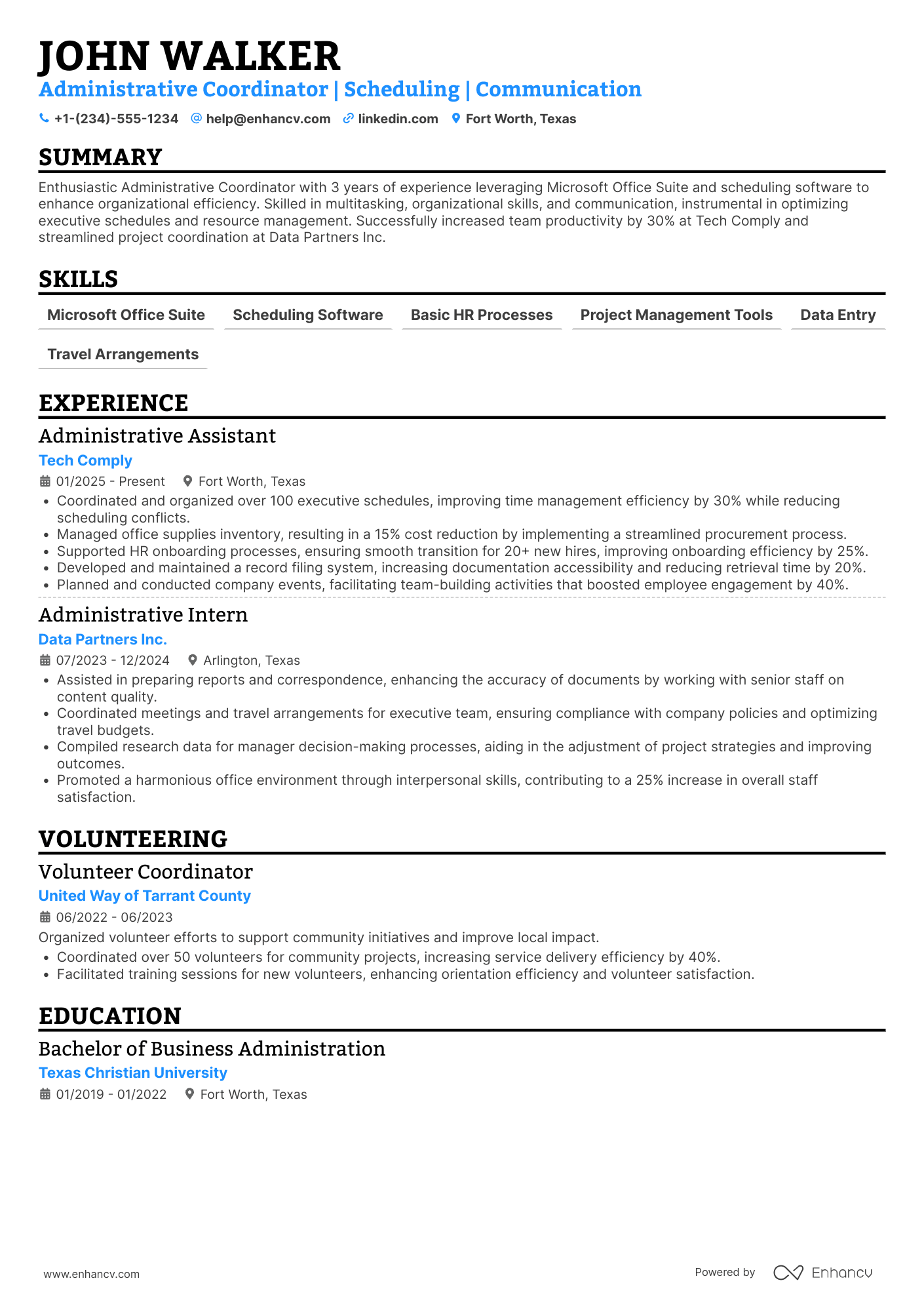 A resume example of a Administrative Coordinator