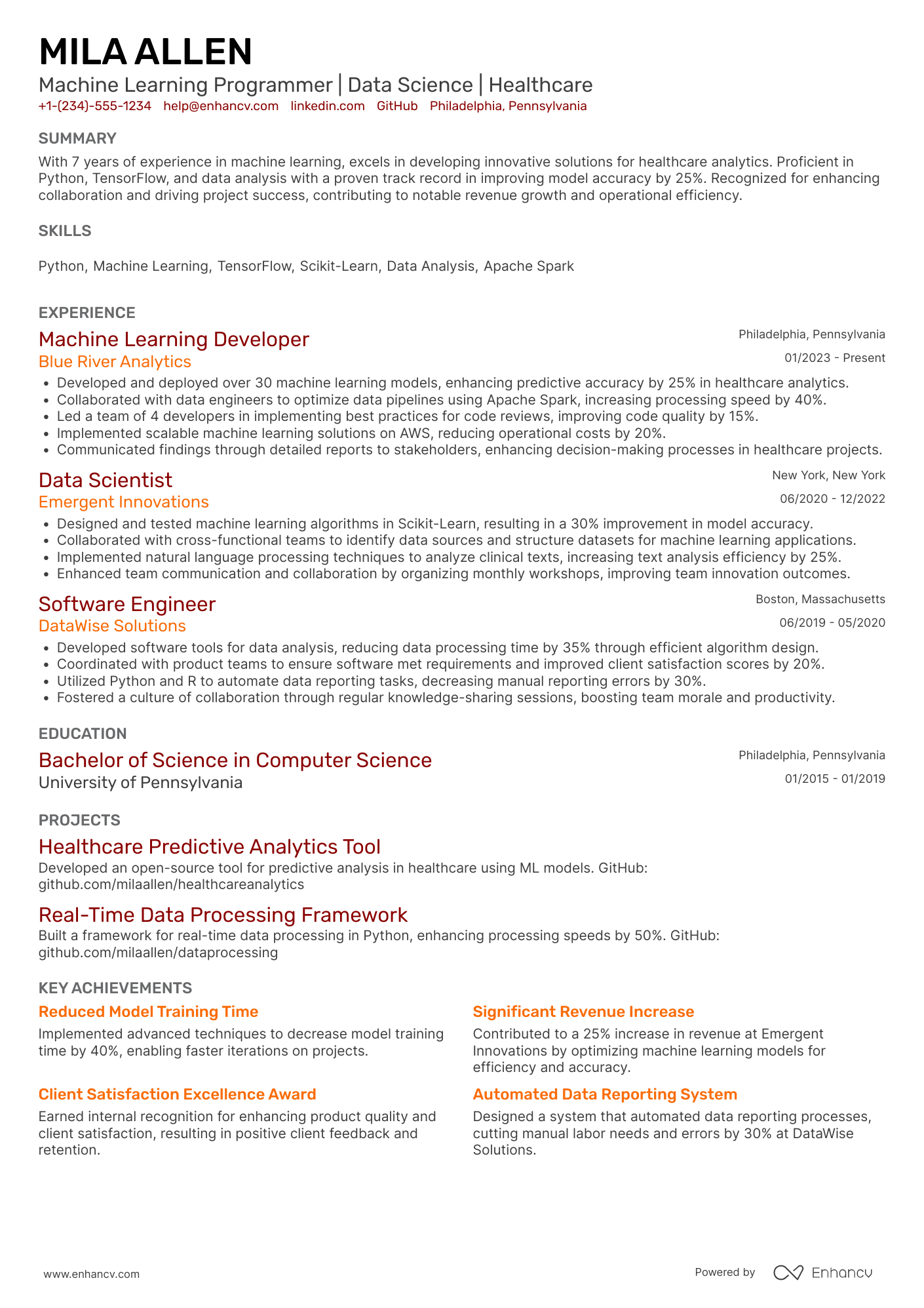 A resume example of a Machine Learning Programmer