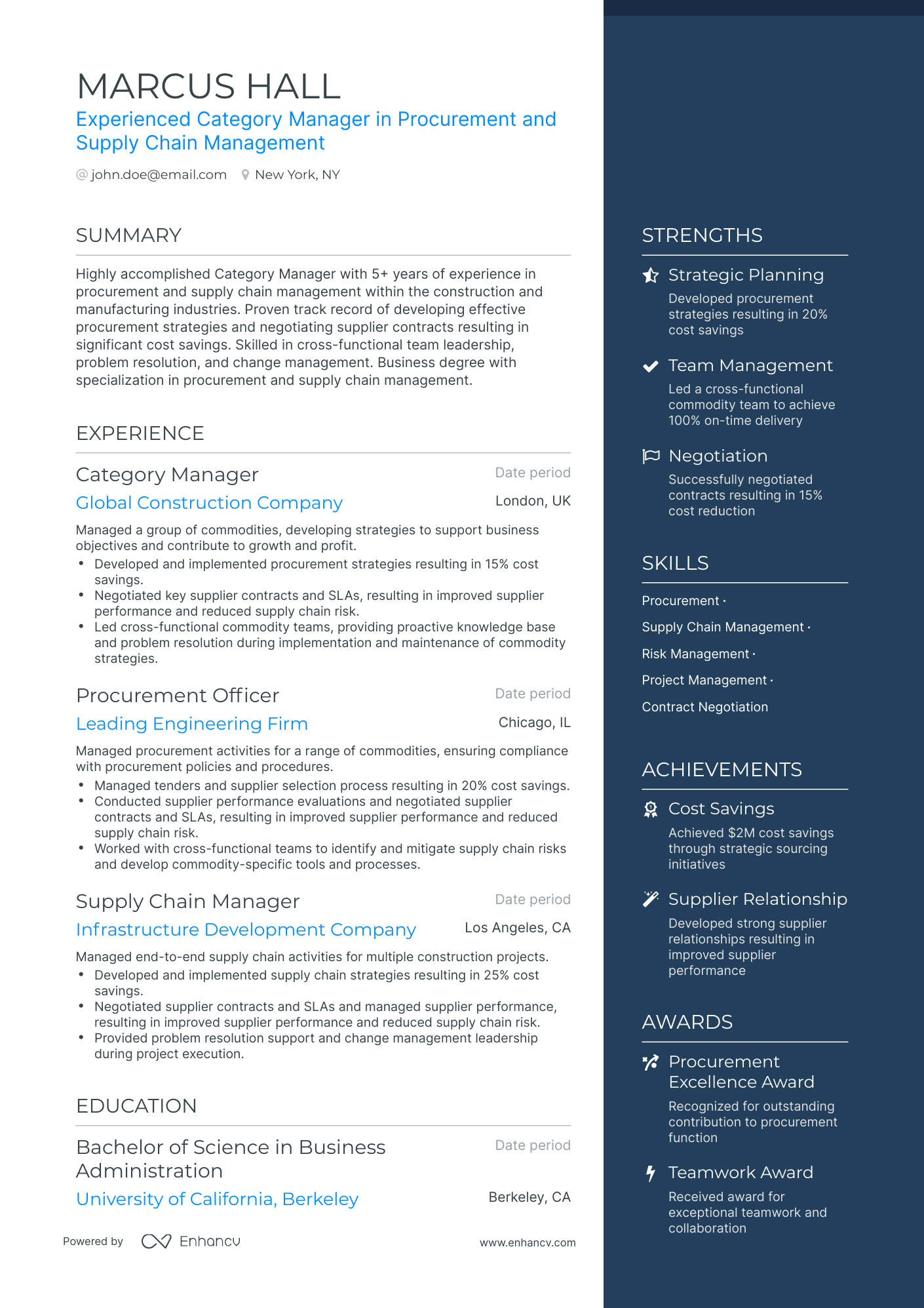 One Page Commodity Manager Resume Template