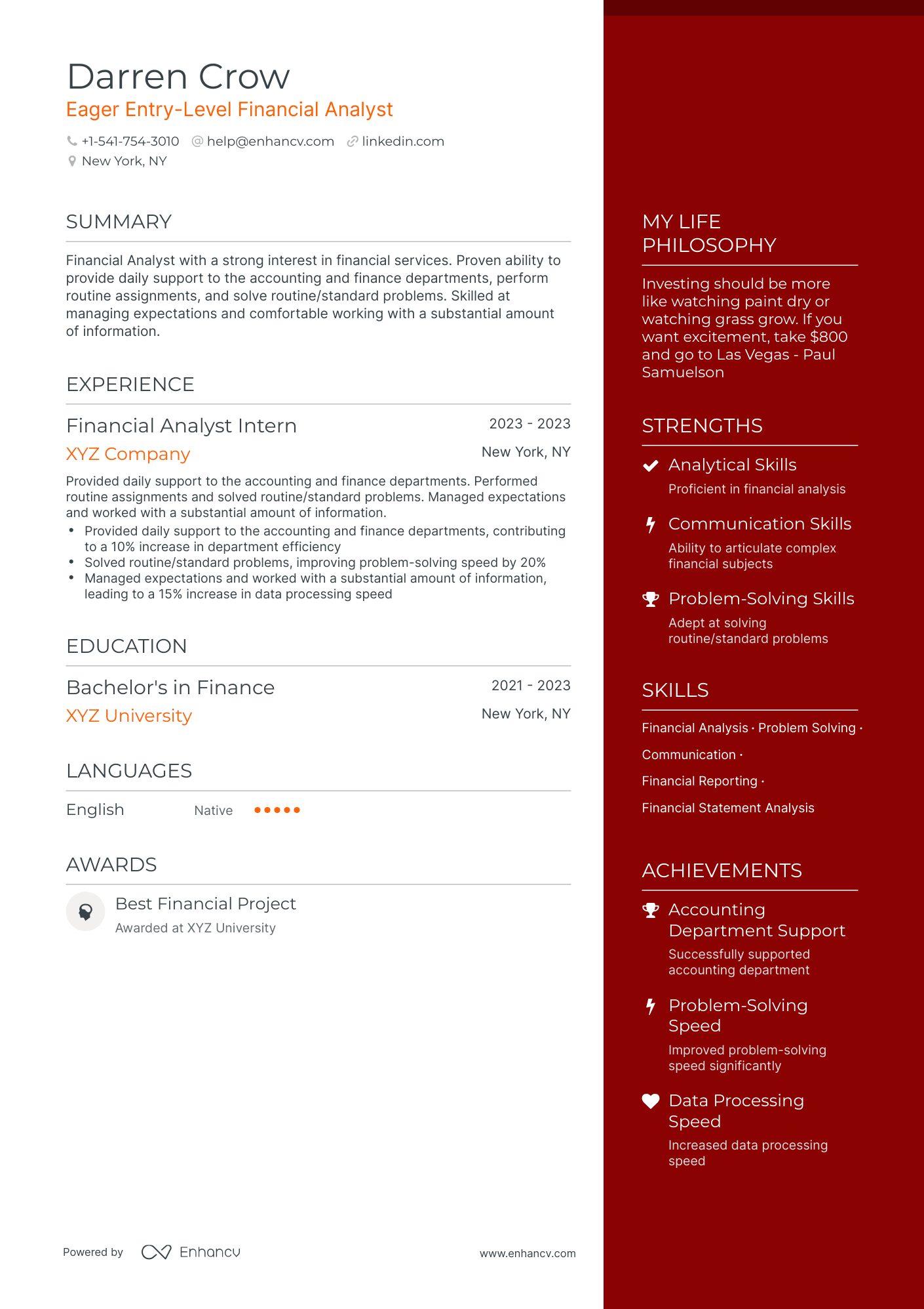One Page Entry Level Financial Analyst Resume Template