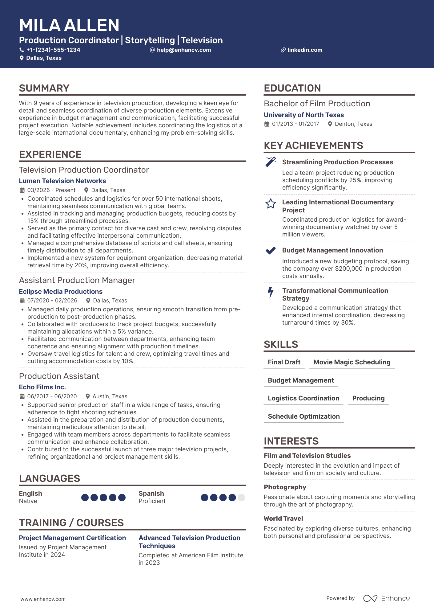 A resume example of a Television Production Coordinator
