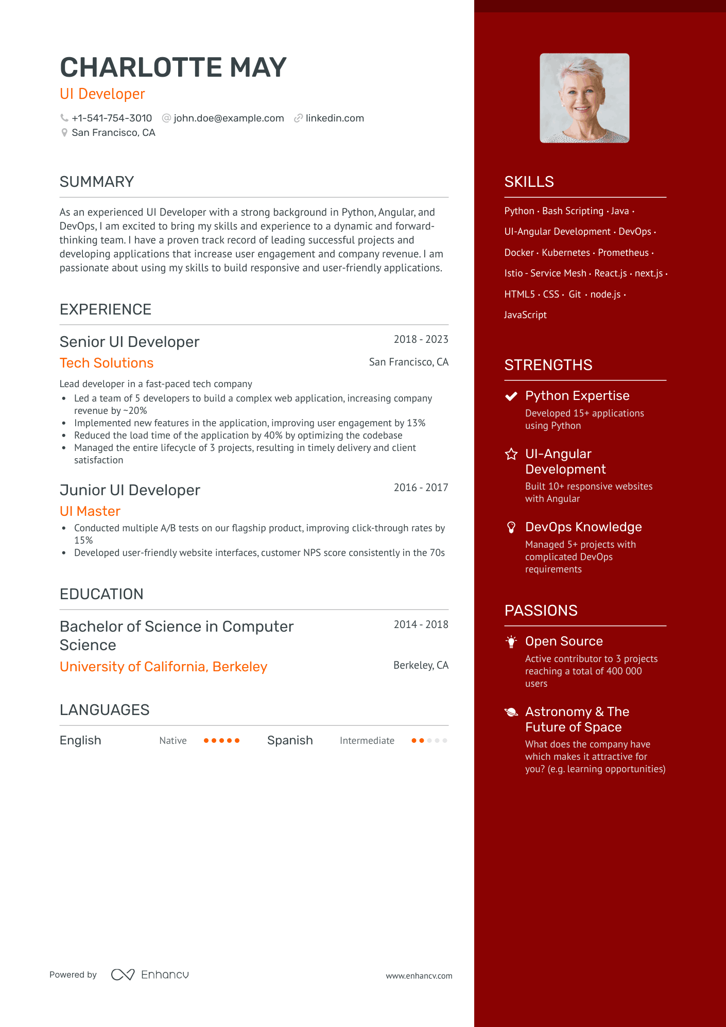One Page UI Developer Resume Template