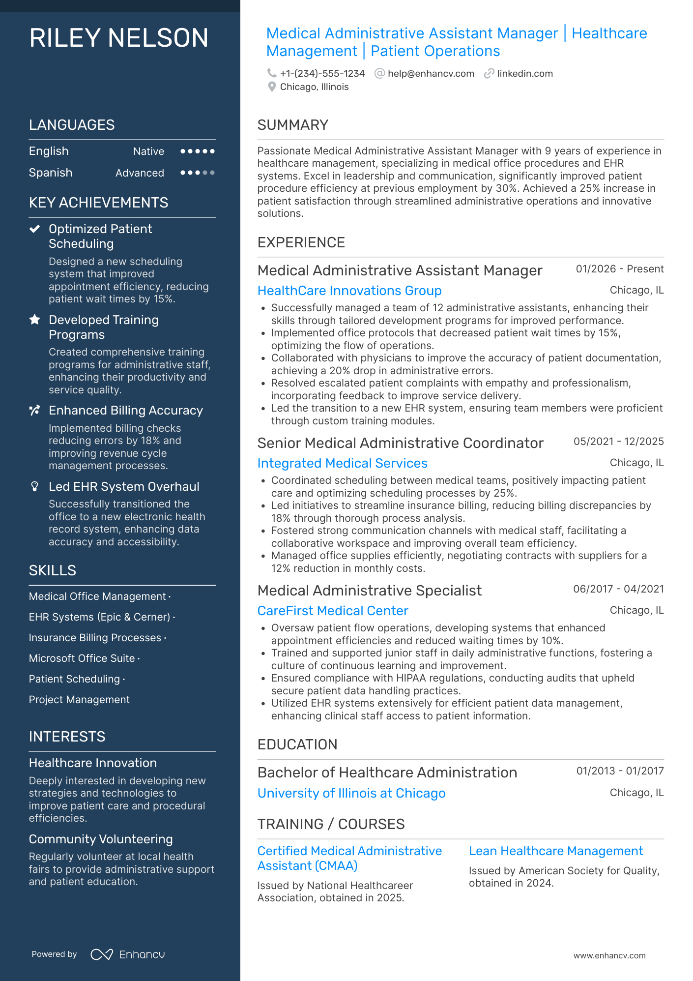 A resume example of a Medical Administrative Assistant Manager