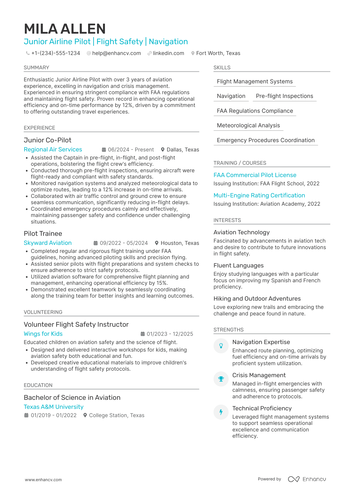 A resume example of a Junior Airline Pilot