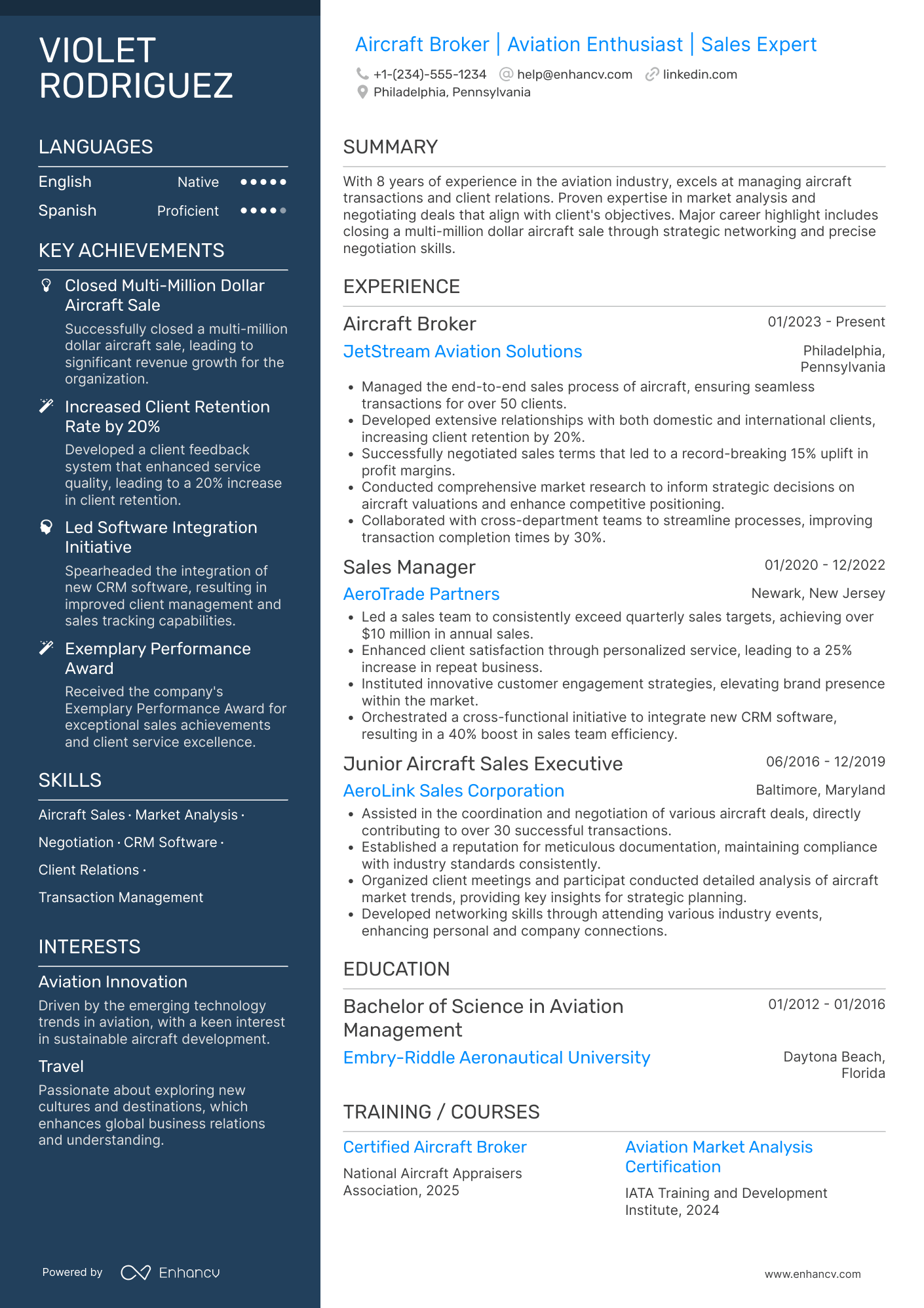 A resume example of a Aircraft Broker