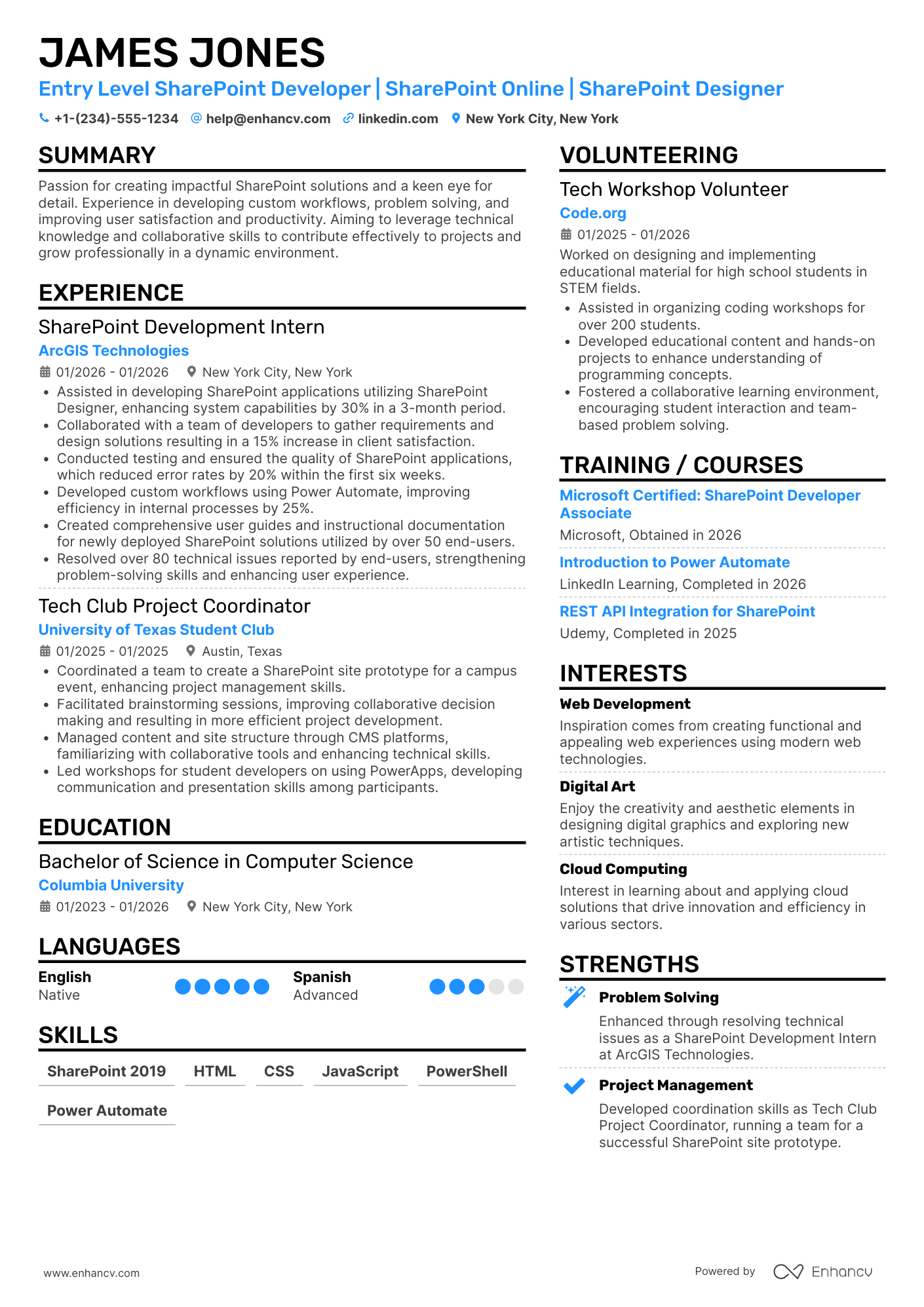 A resume example of a Entry Level Sharepoint Developer