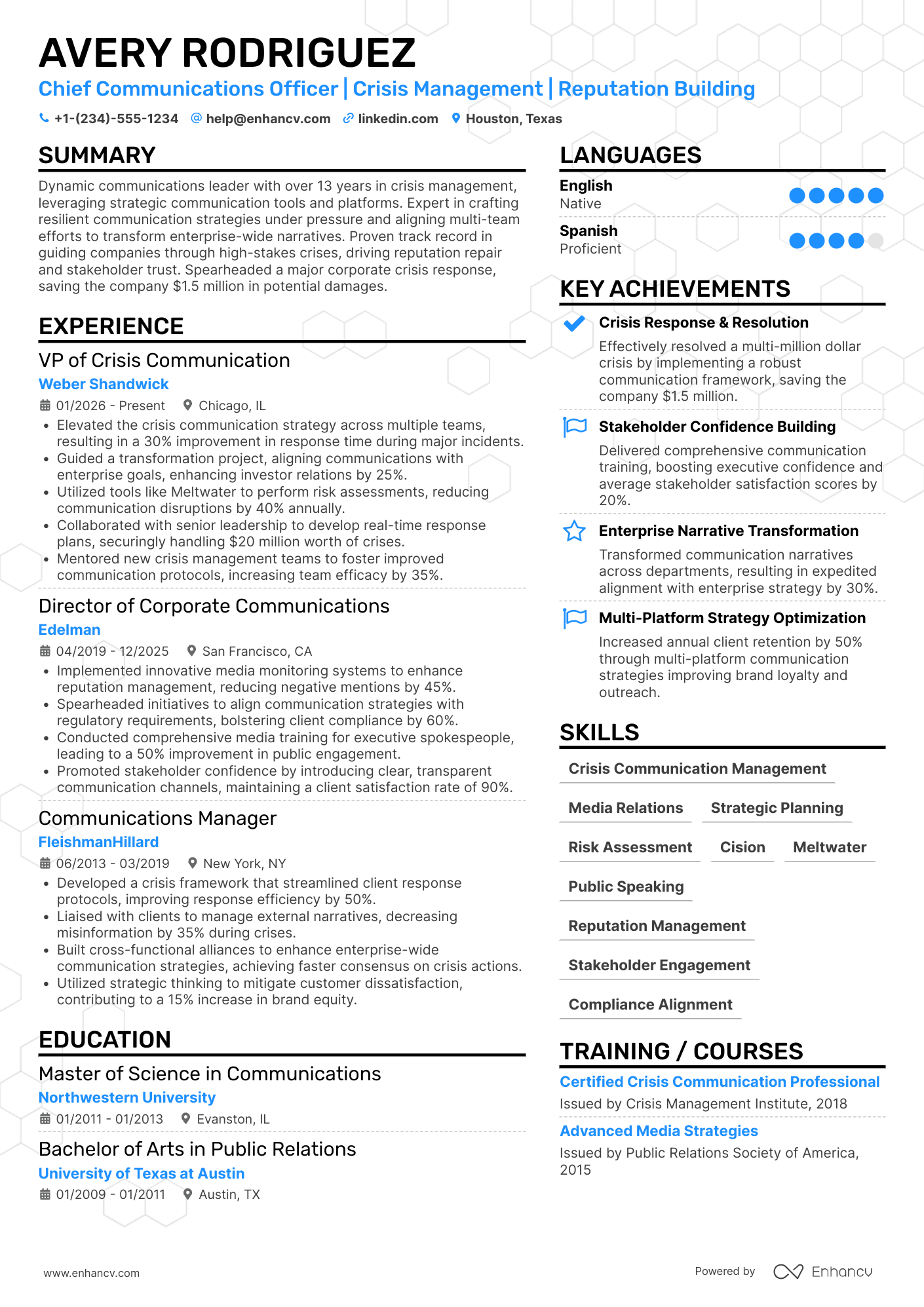 A resume example of a Chief Communications Officer for Crisis Management
