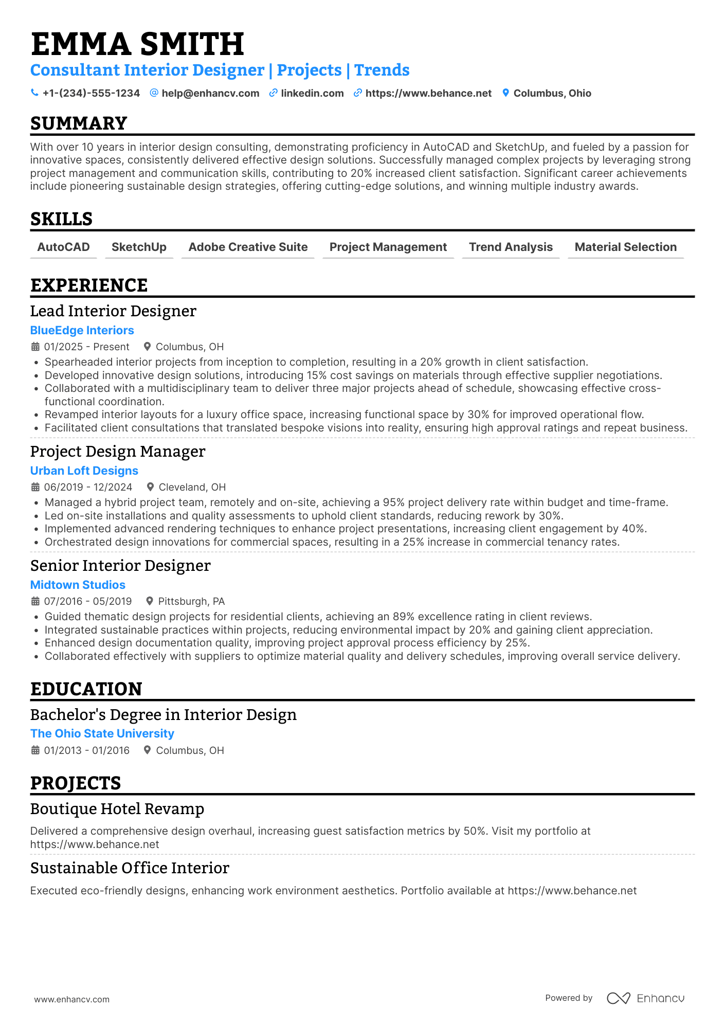 A resume example of a Consultant Interior Designer