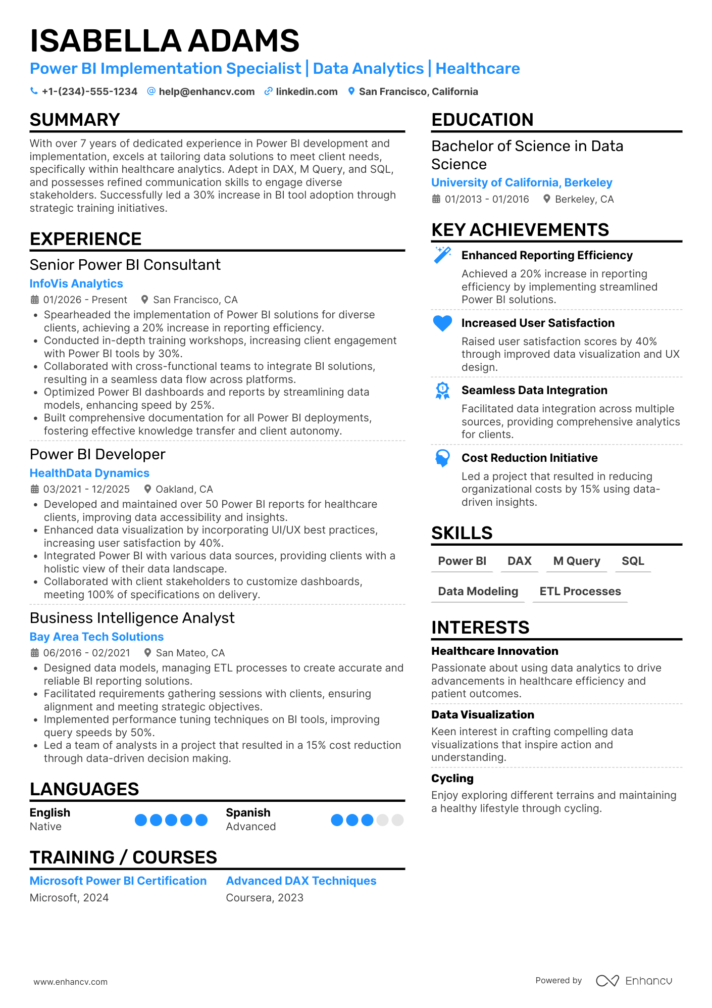 A resume example of a Power BI Implementation Specialist