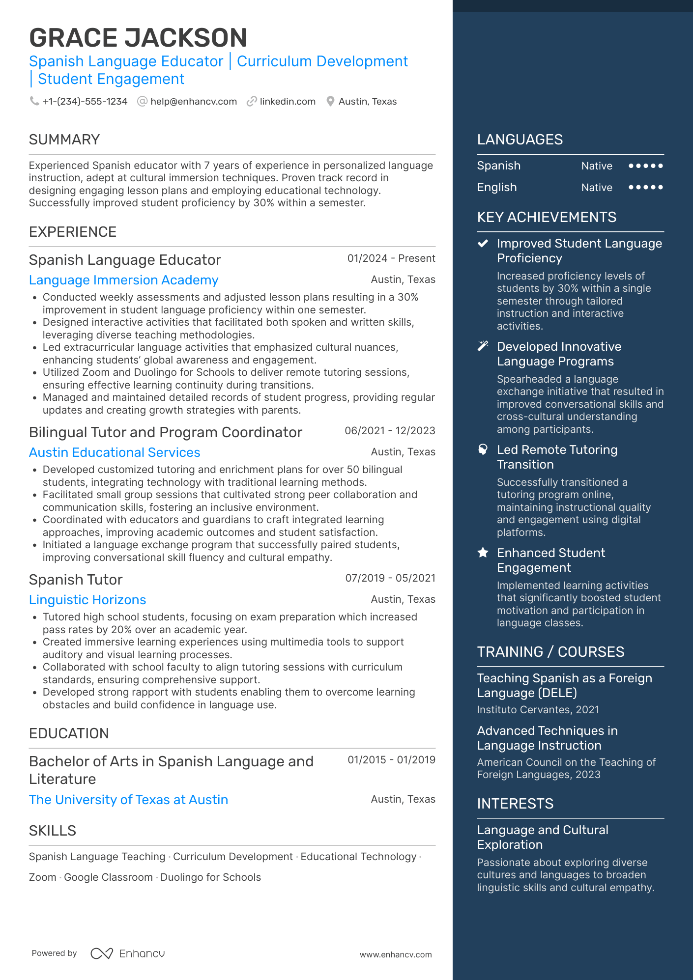 A resume example of a Bilingual Spanish Tutor