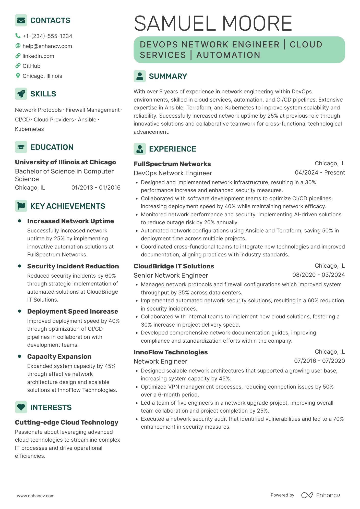 A resume example of a Devops Network Engineer
