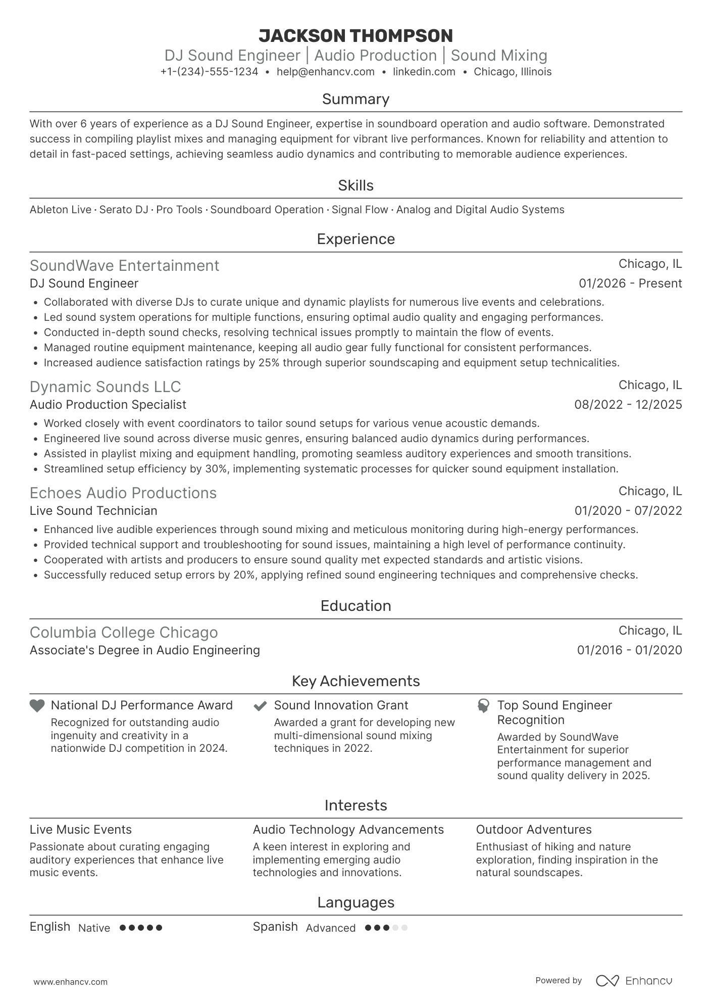 A resume example of a DJ Sound Engineer