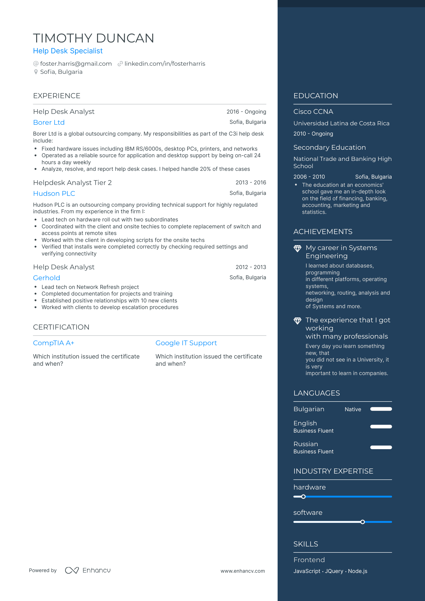One Page Help Desk Resume Template