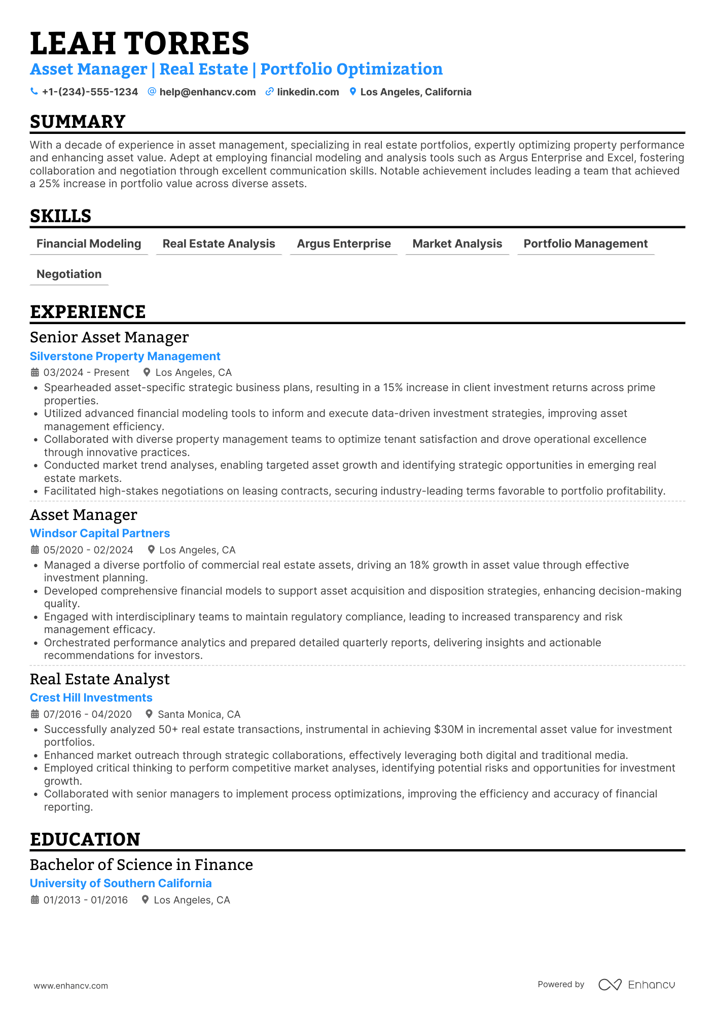 A resume example of a Asset Manager