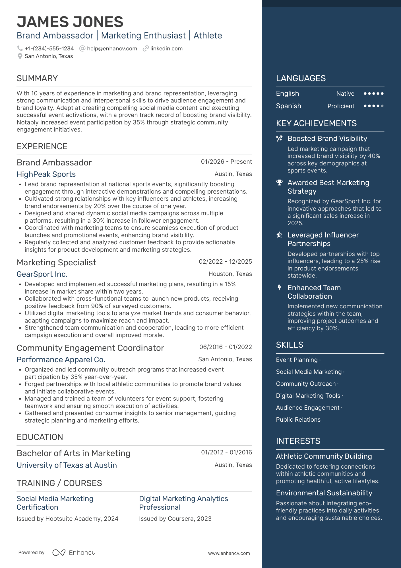 A resume example of a Athlete Brand Ambassador