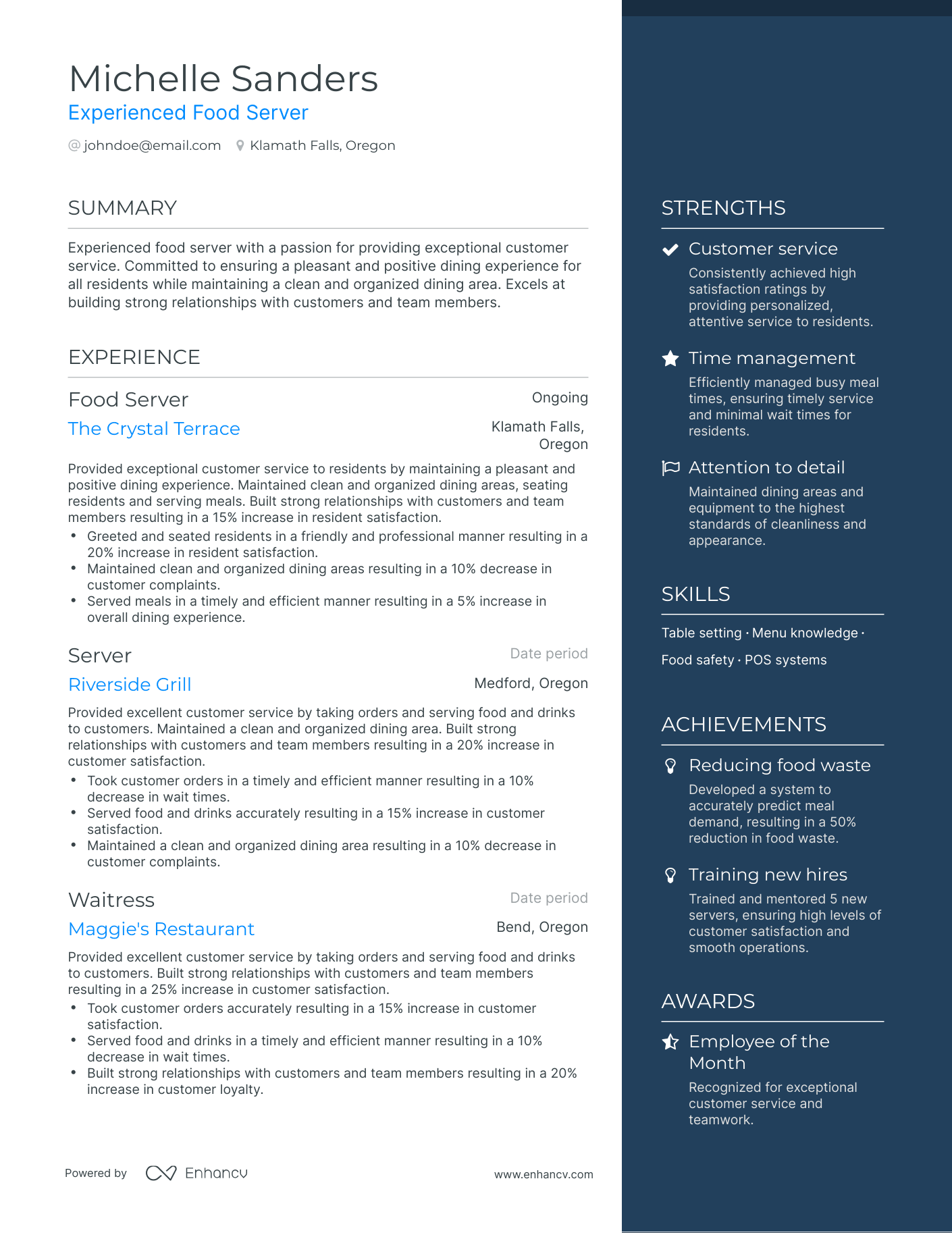 One Page Food Server Resume Template