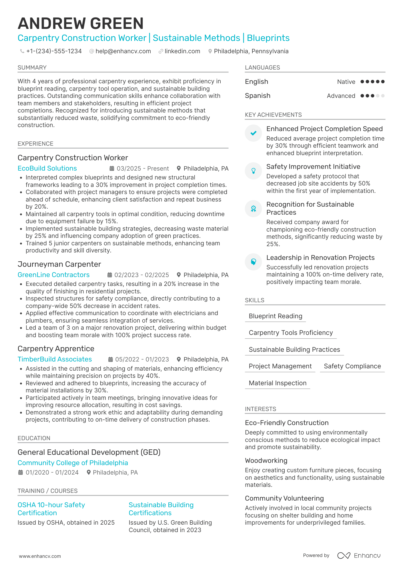 A resume example of a Carpentry Construction Worker