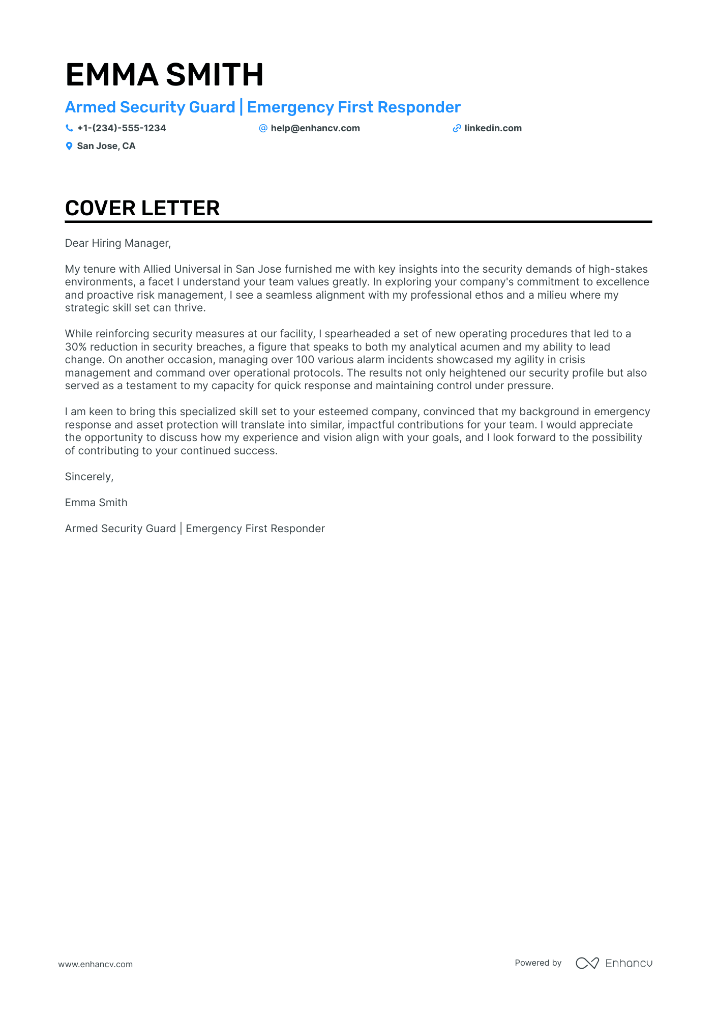 examples of cover letter for security guard position