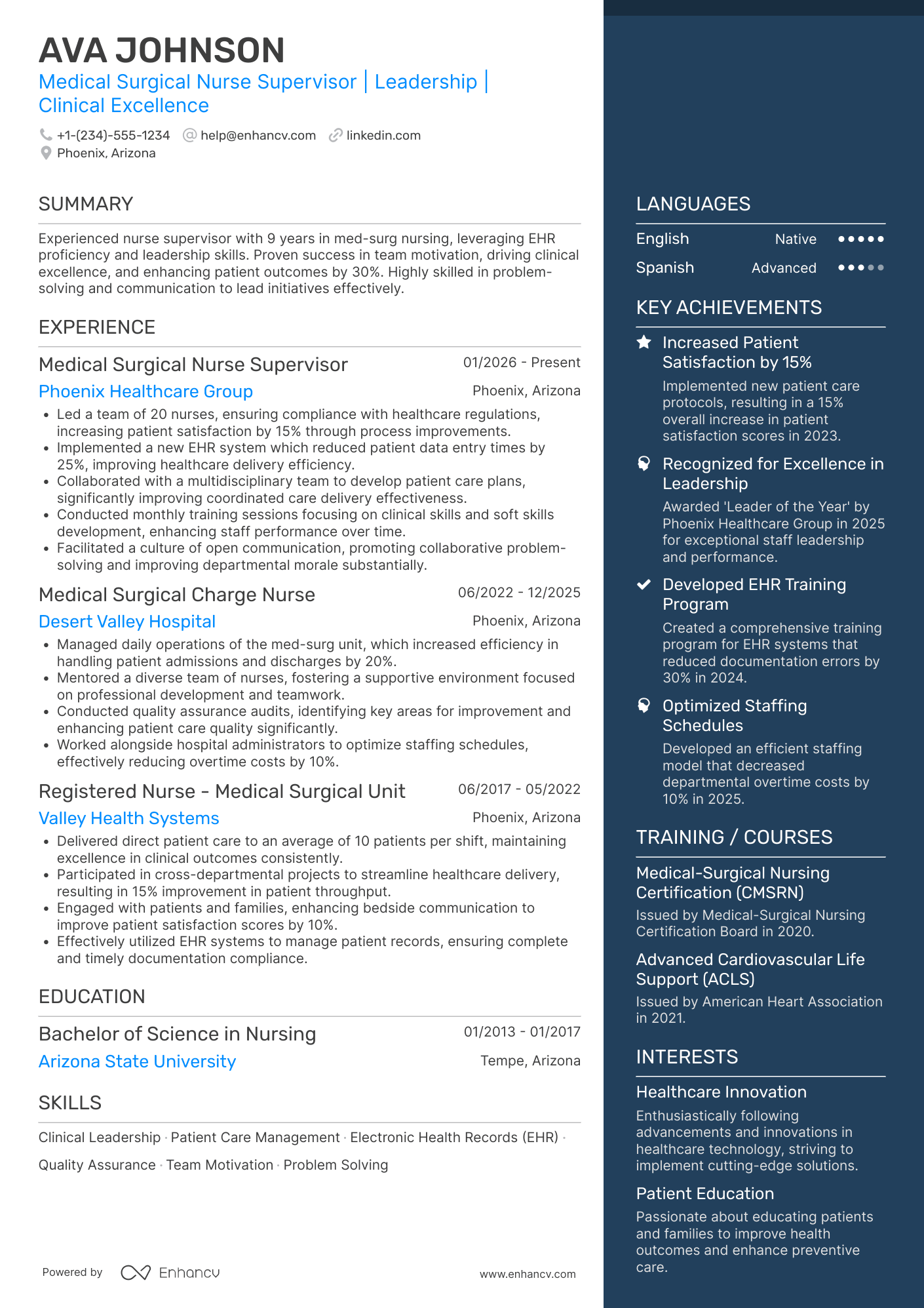 A resume example of a Medical Surgical Nurse Supervisor