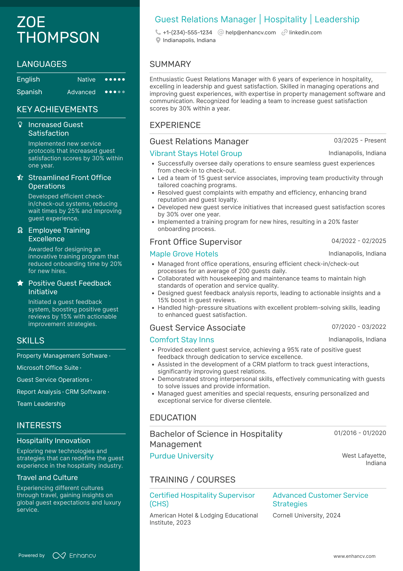A resume example of a Guest Relations Manager