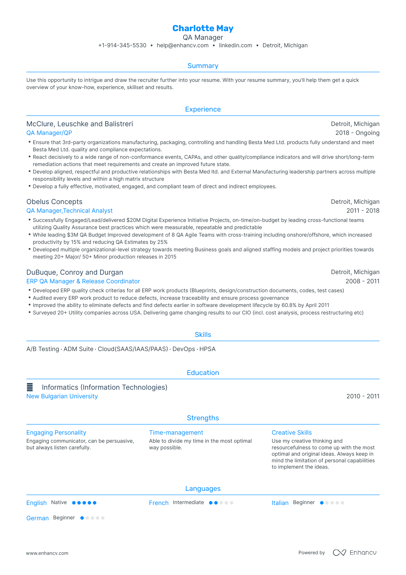 Traditional QA Manager Resume Template