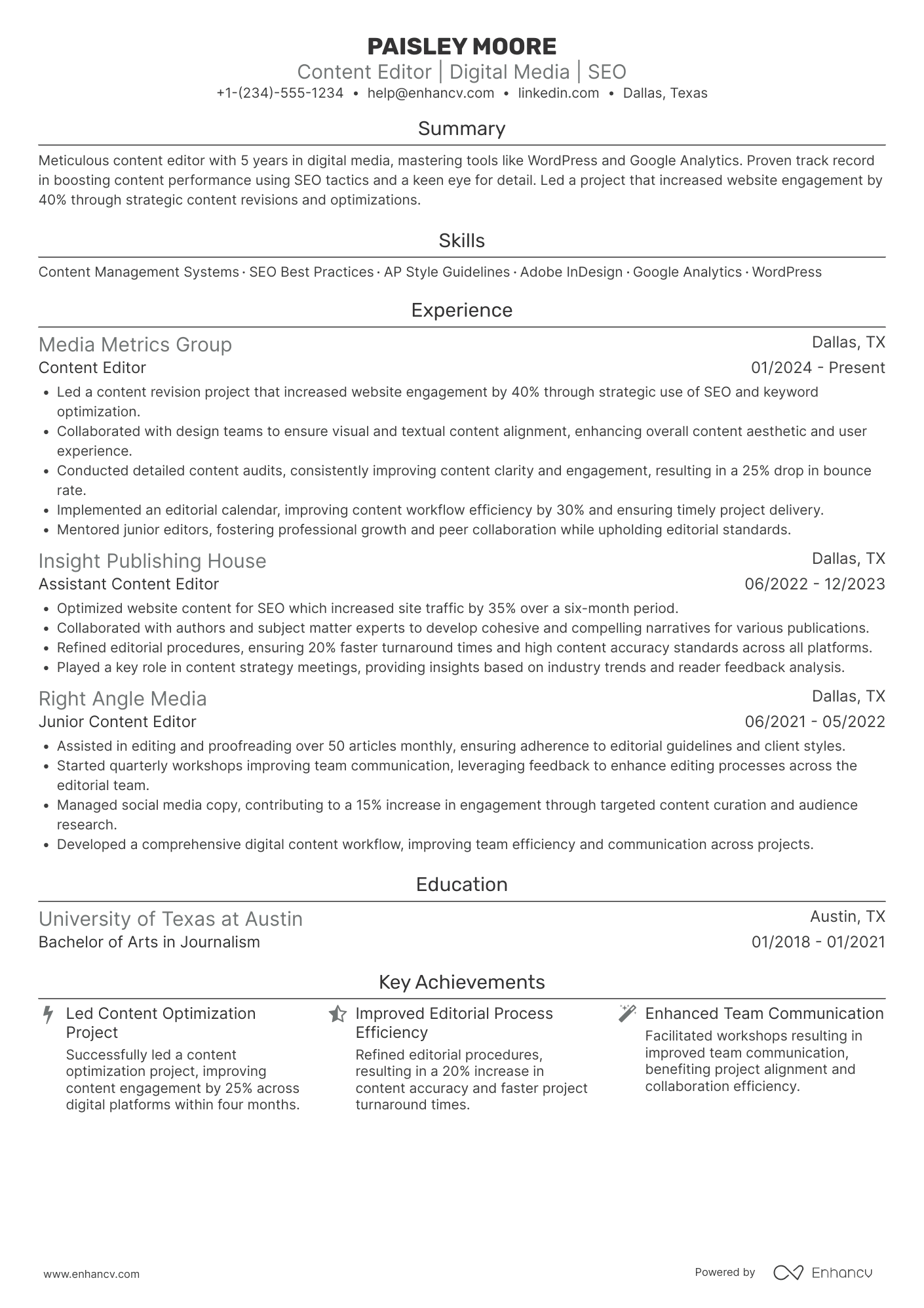 A resume example of a Content Editor