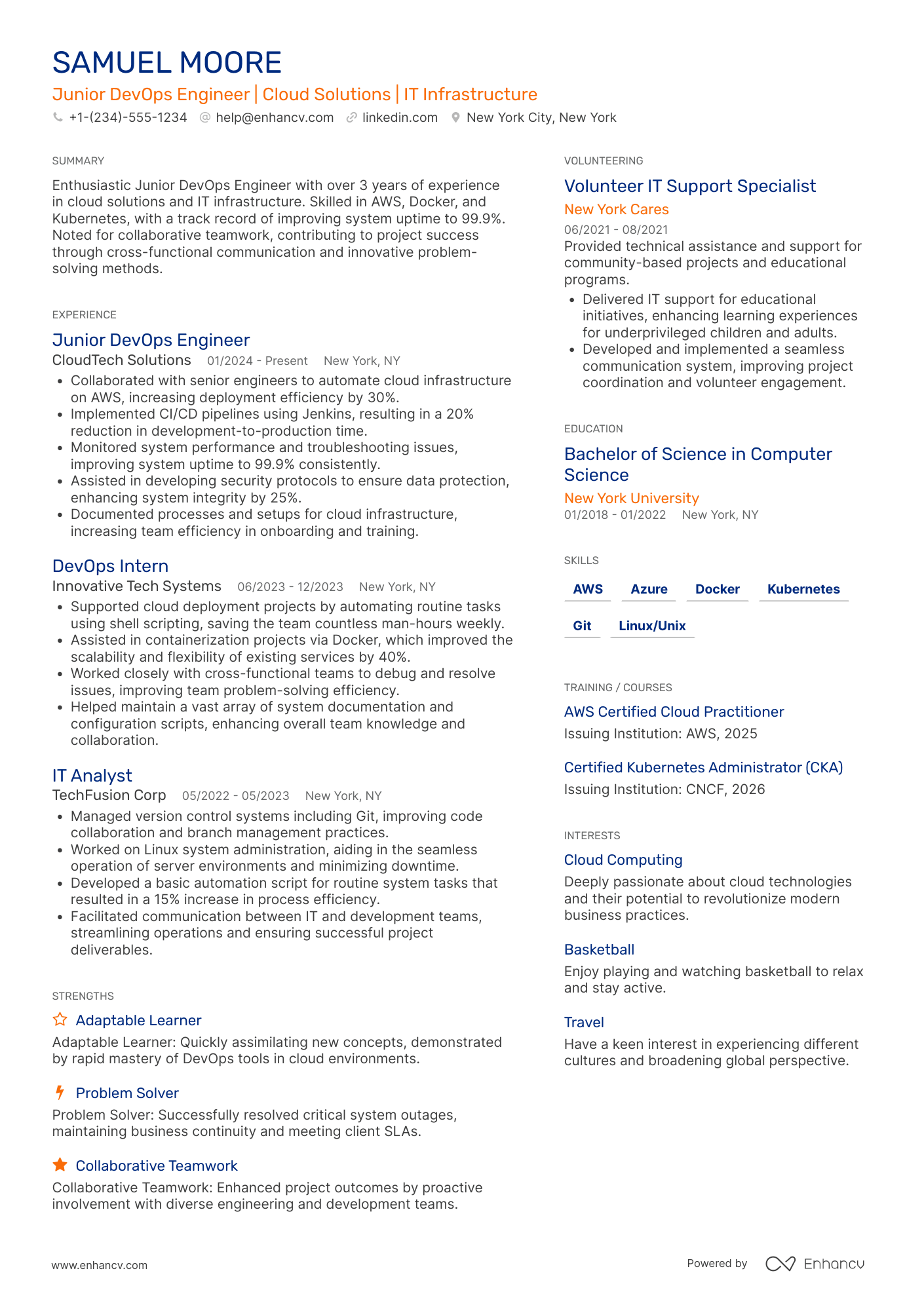 A resume example of a Junior Devops Engineer