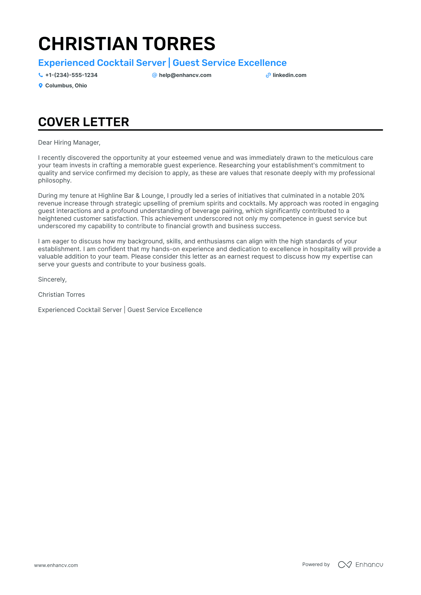 cover letter sample for server position