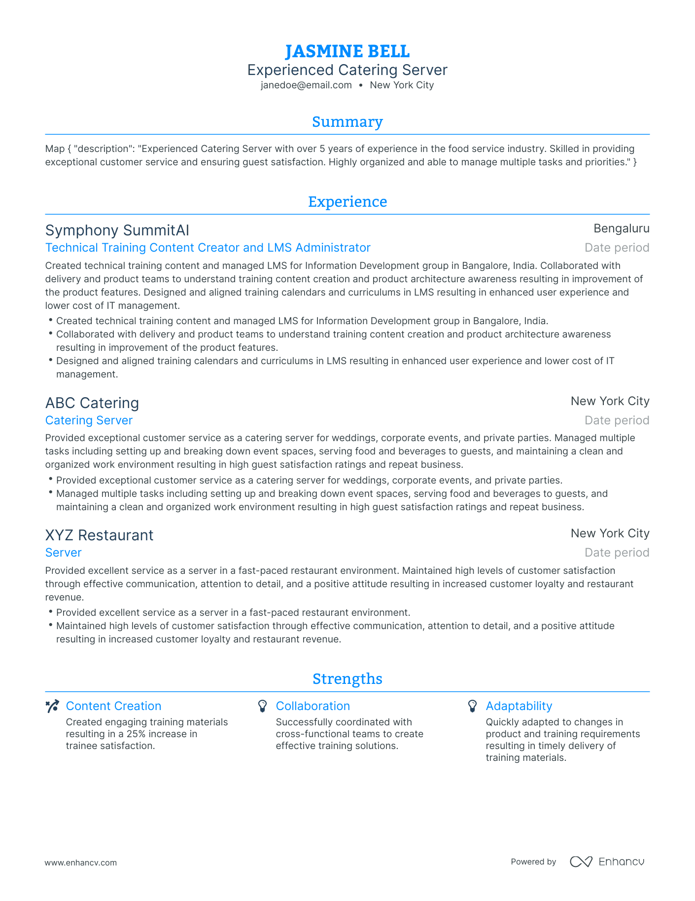 Traditional Catering Server Resume Template