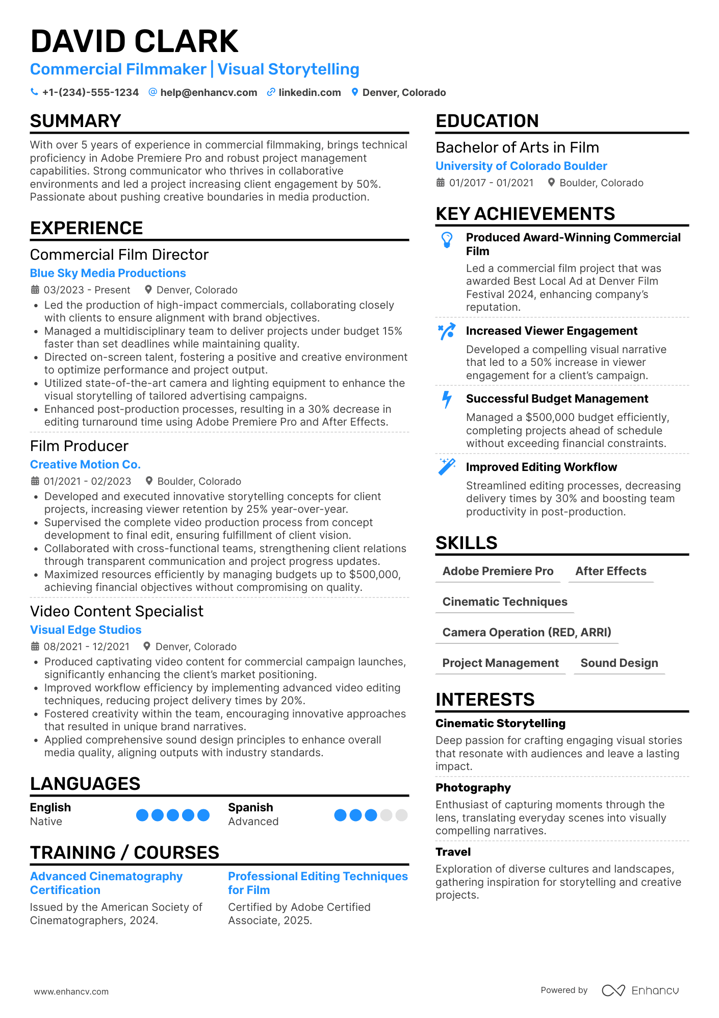 A resume example of a Commercial Filmmaker