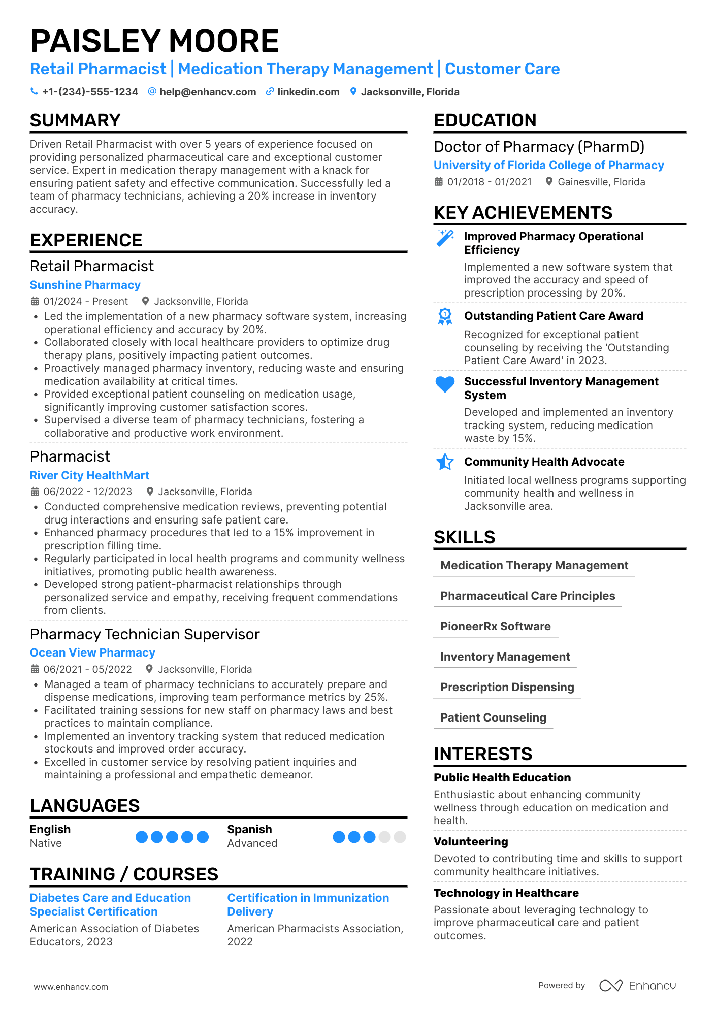 A resume example of a Retail Pharmacist