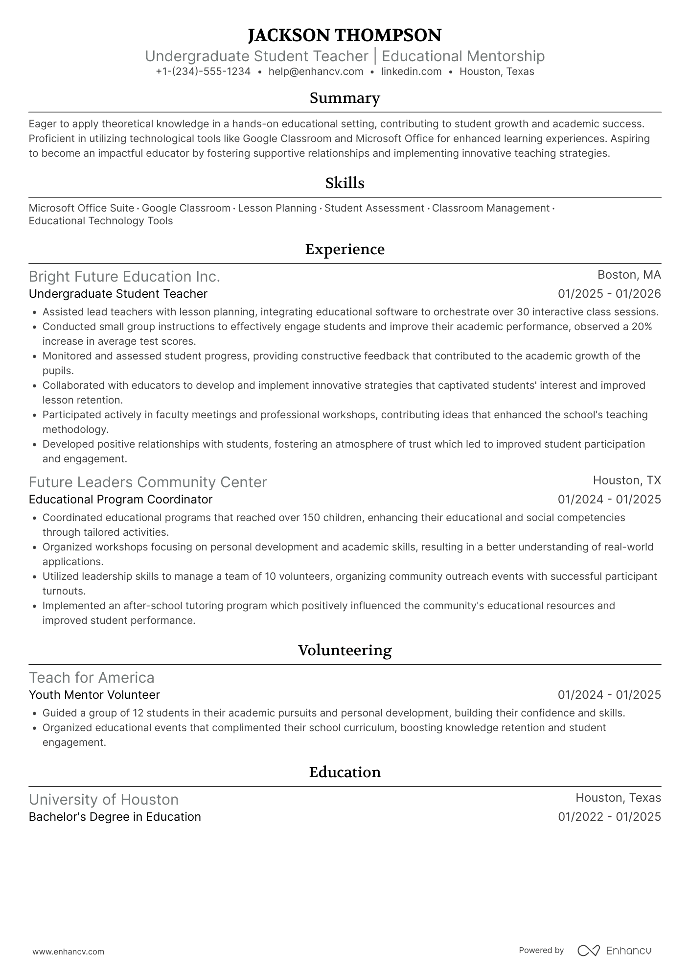 A resume example of a Undergraduate Student Teacher