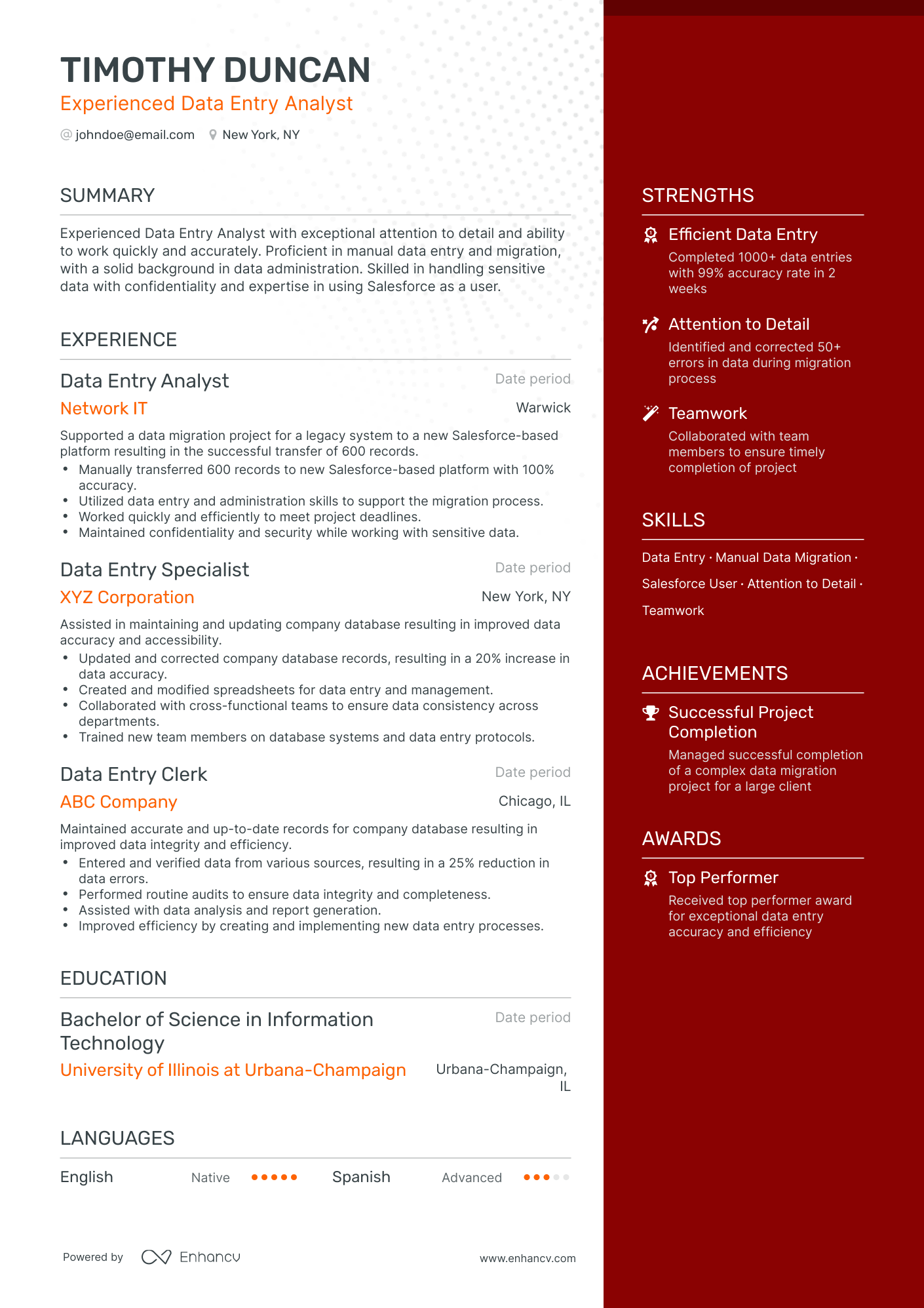 One Page Data Entry Analyst Resume Template