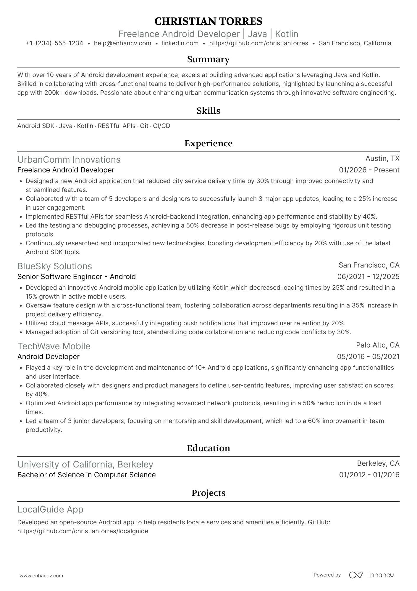 A resume example of a Freelance Android Developer