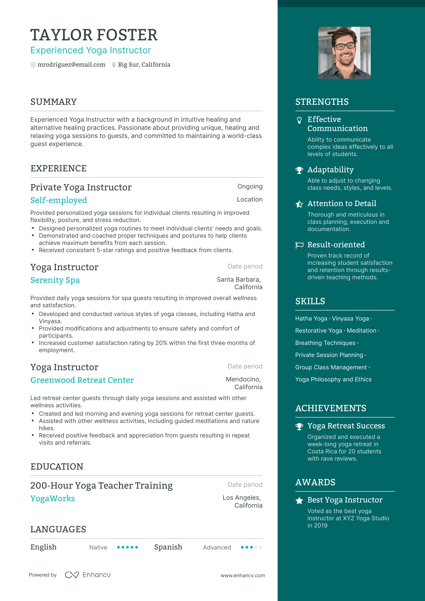 One Page Yoga Instructor Resume Template