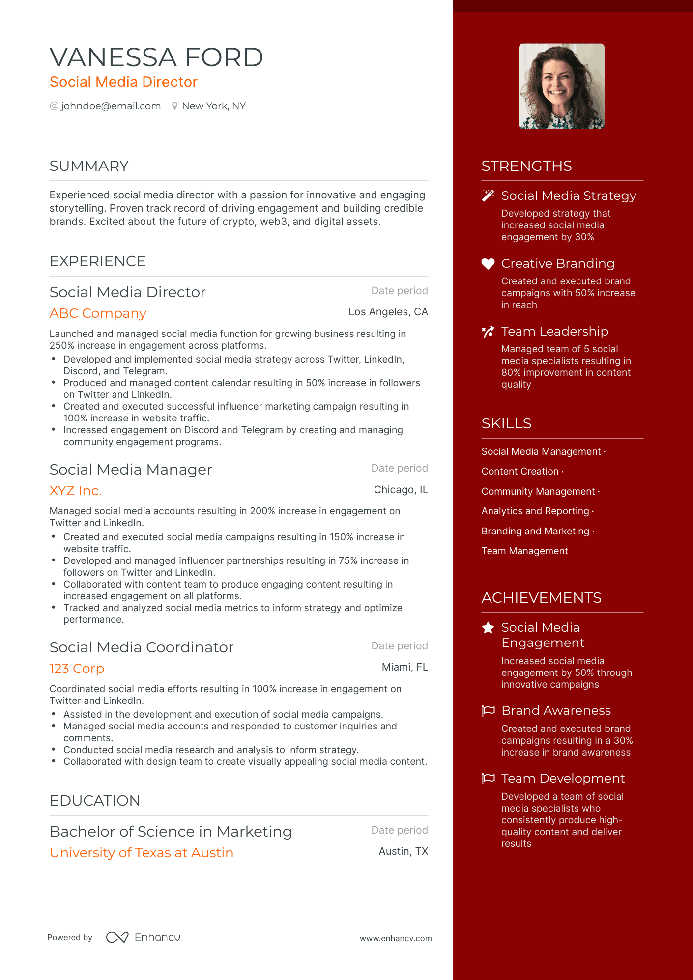 One Page Social Media Director Resume Template