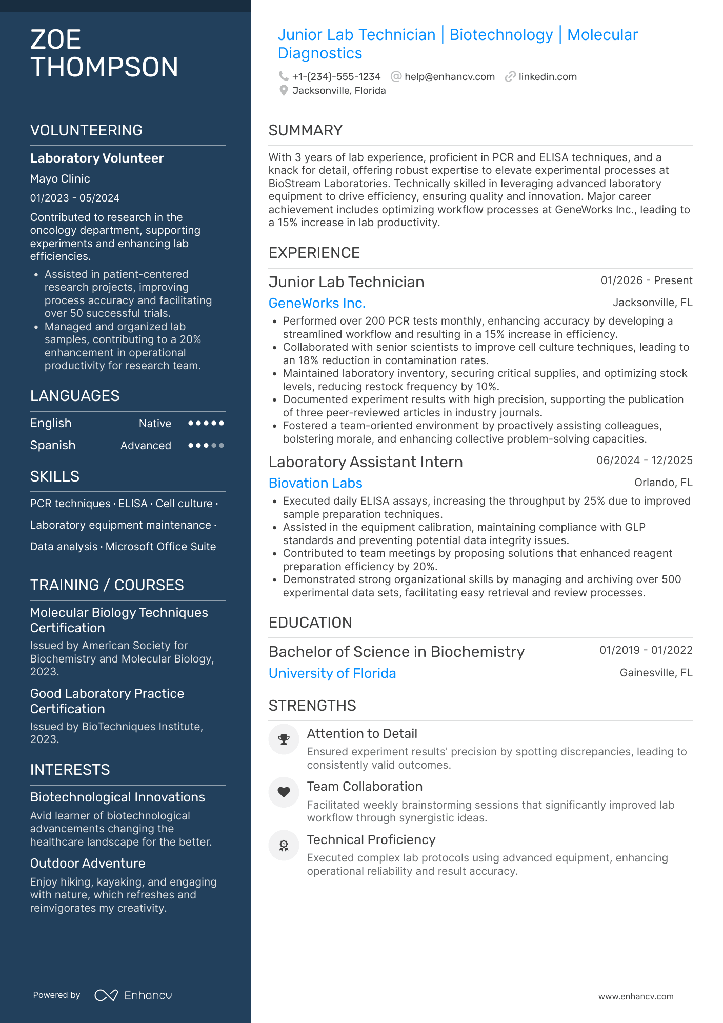 A resume example of a Junior Lab Technician