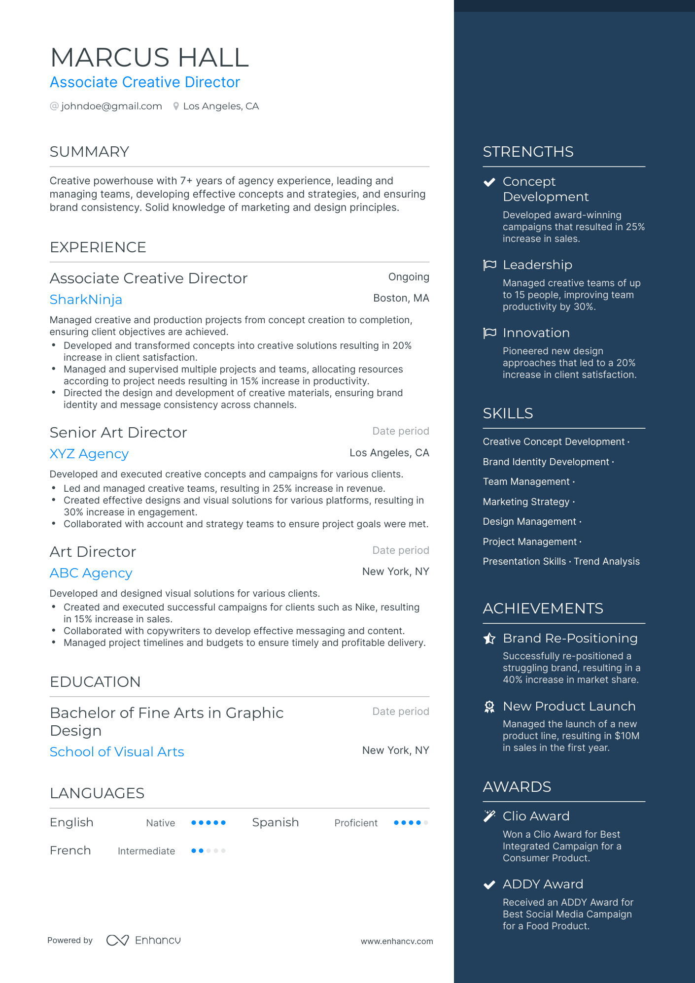 One Page Associate Creative Director Resume Template