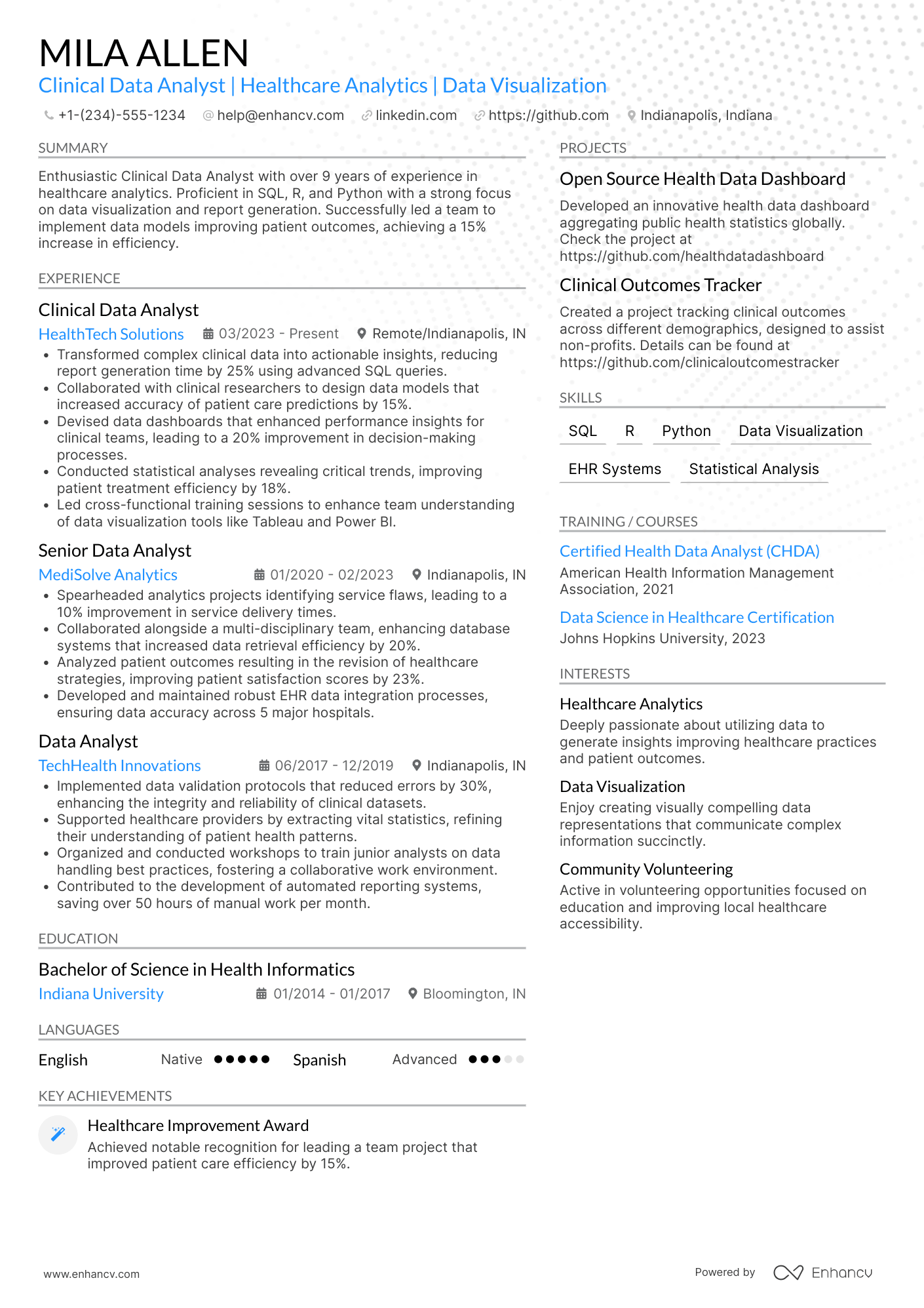 A resume example of a Clinical Data Analyst