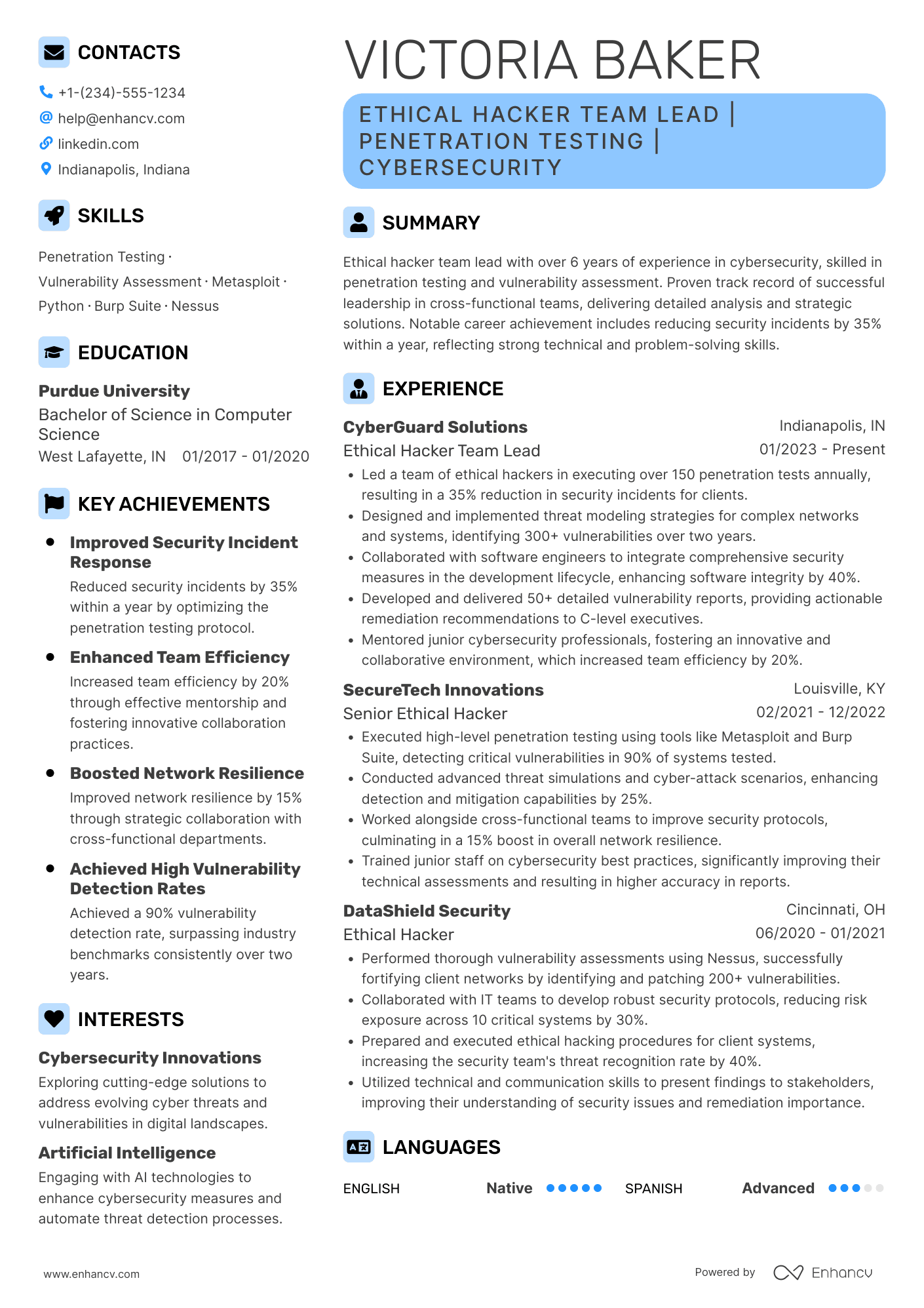 A resume example of a Ethical Hacker Team Lead