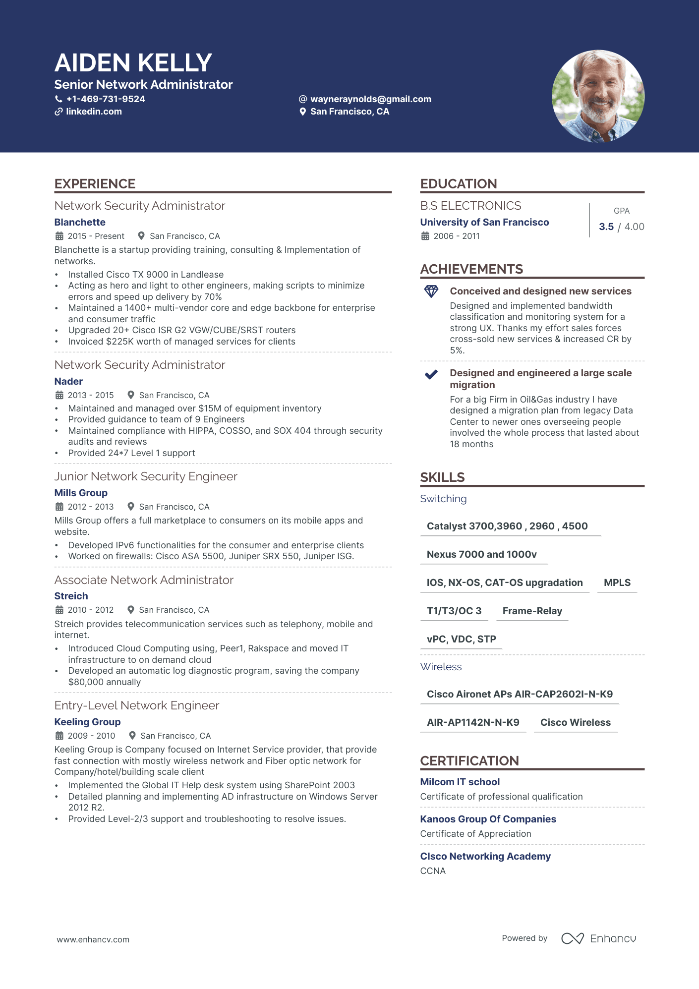 A resume example of a Network Administrator