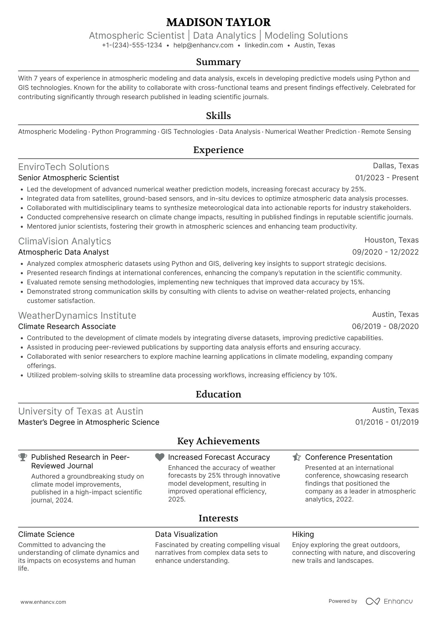 A resume example of a Atmospheric Scientist