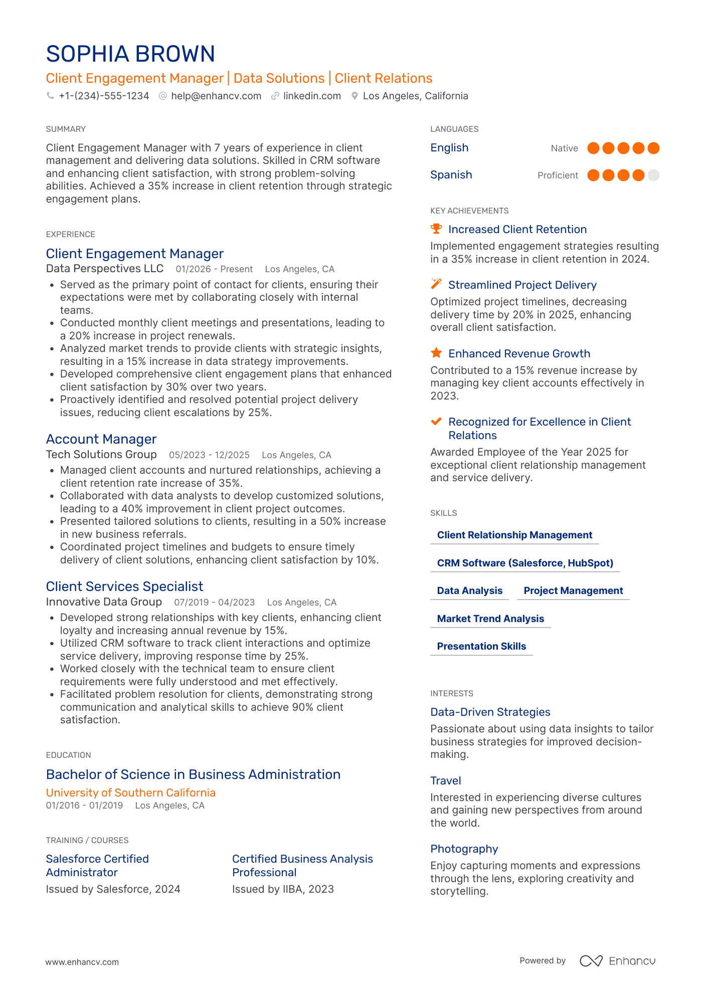 A resume example of a Client Engagement Manager