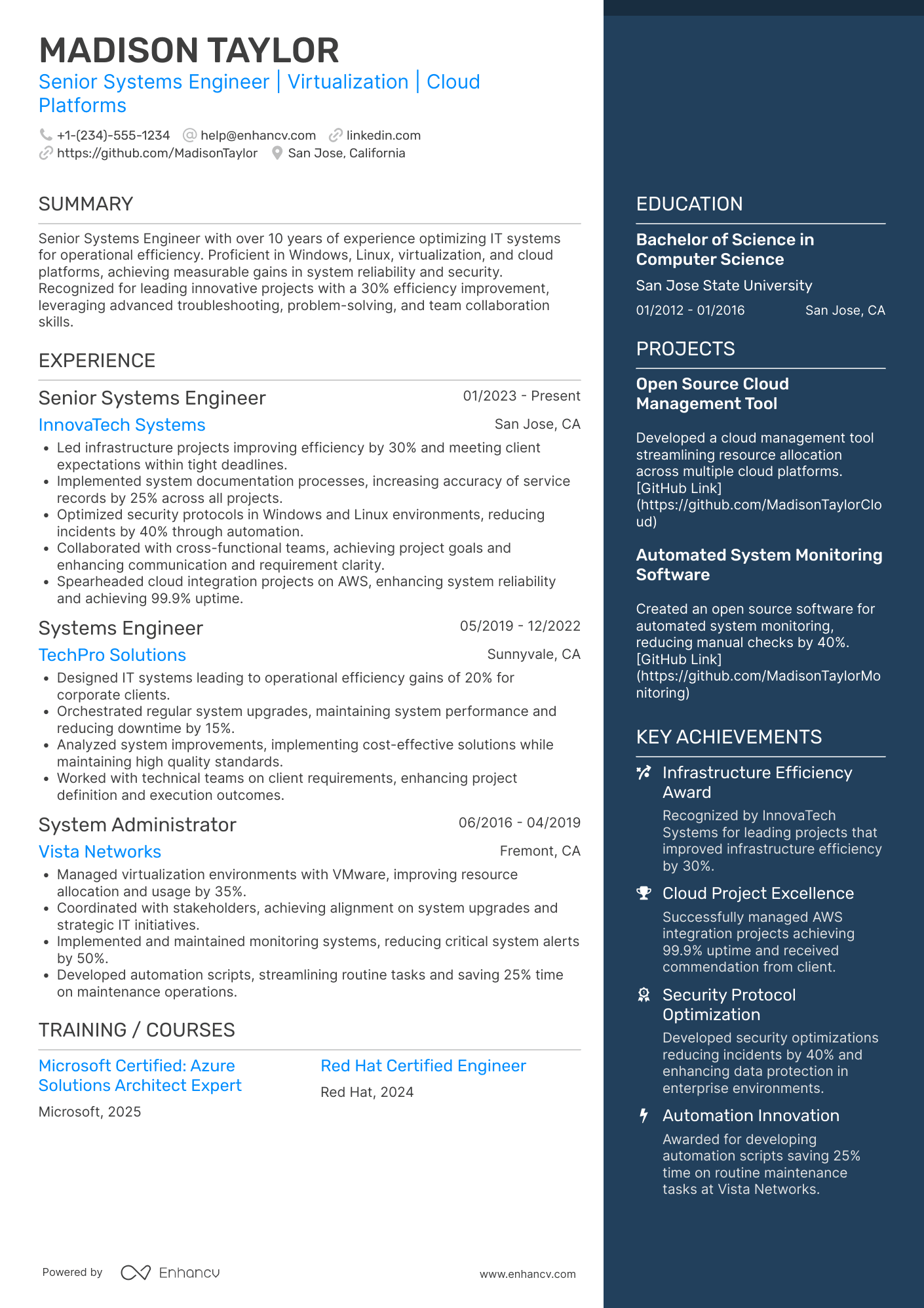 A resume example of a Senior Systems Engineer